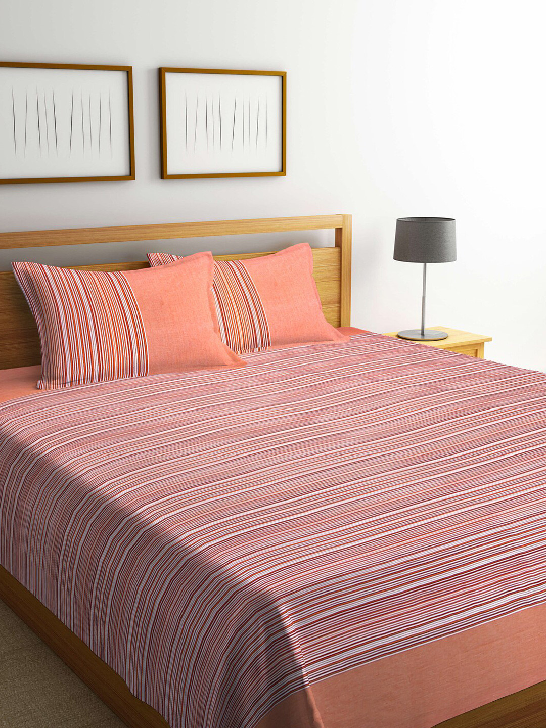 SHADES of LIFE Peach Striped Cotton 250 TC Fitted King Fine Bedsheet with 2 Pillow Covers-106 x 106 inches