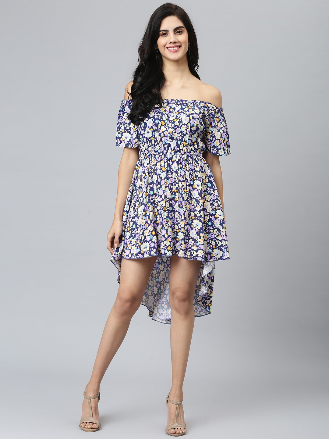 FLAMBOYANT Blue & Multicoloured Floral Off-Shoulder Dress