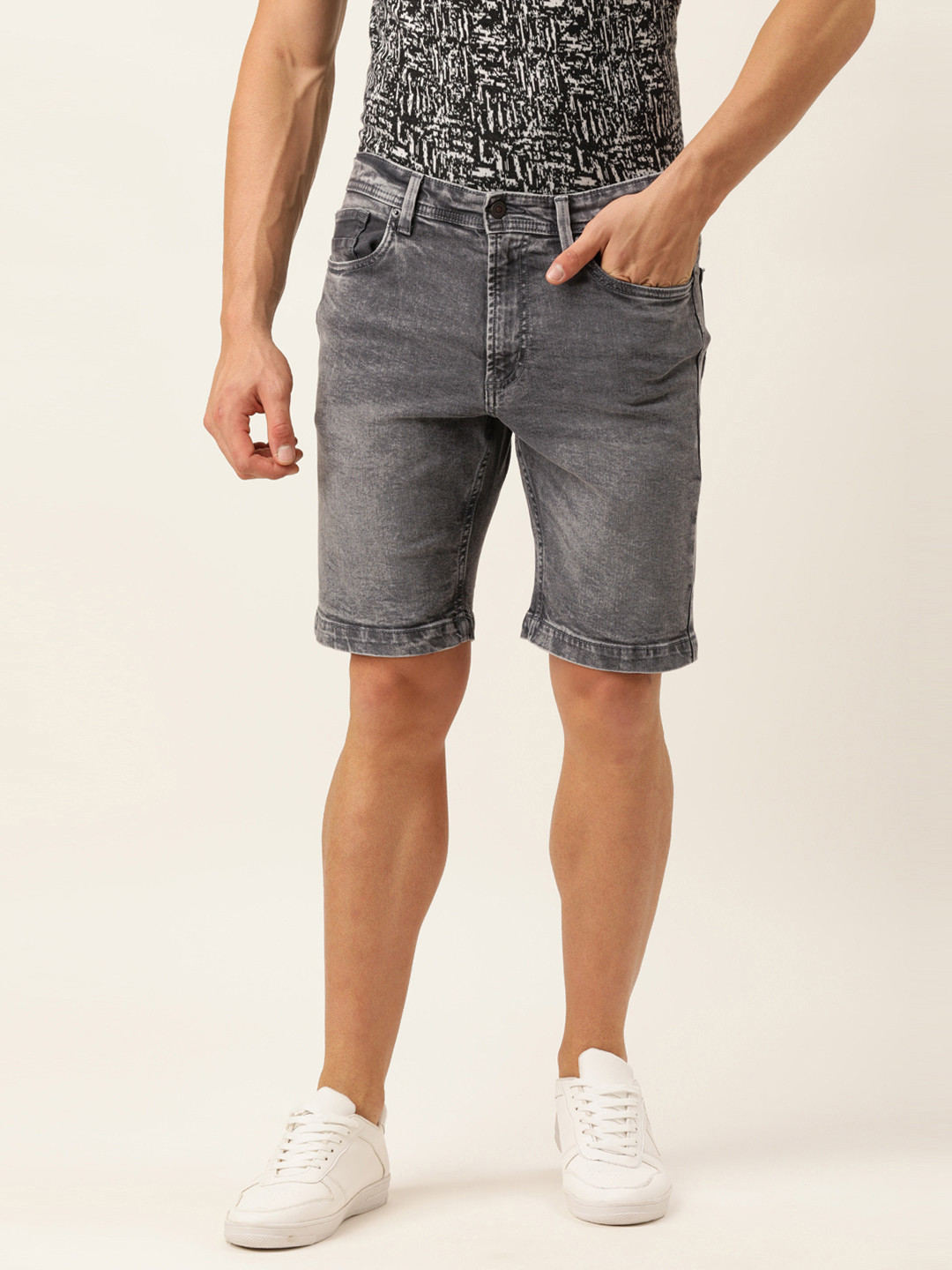 Peter England Men Grey Washed Denim Shorts