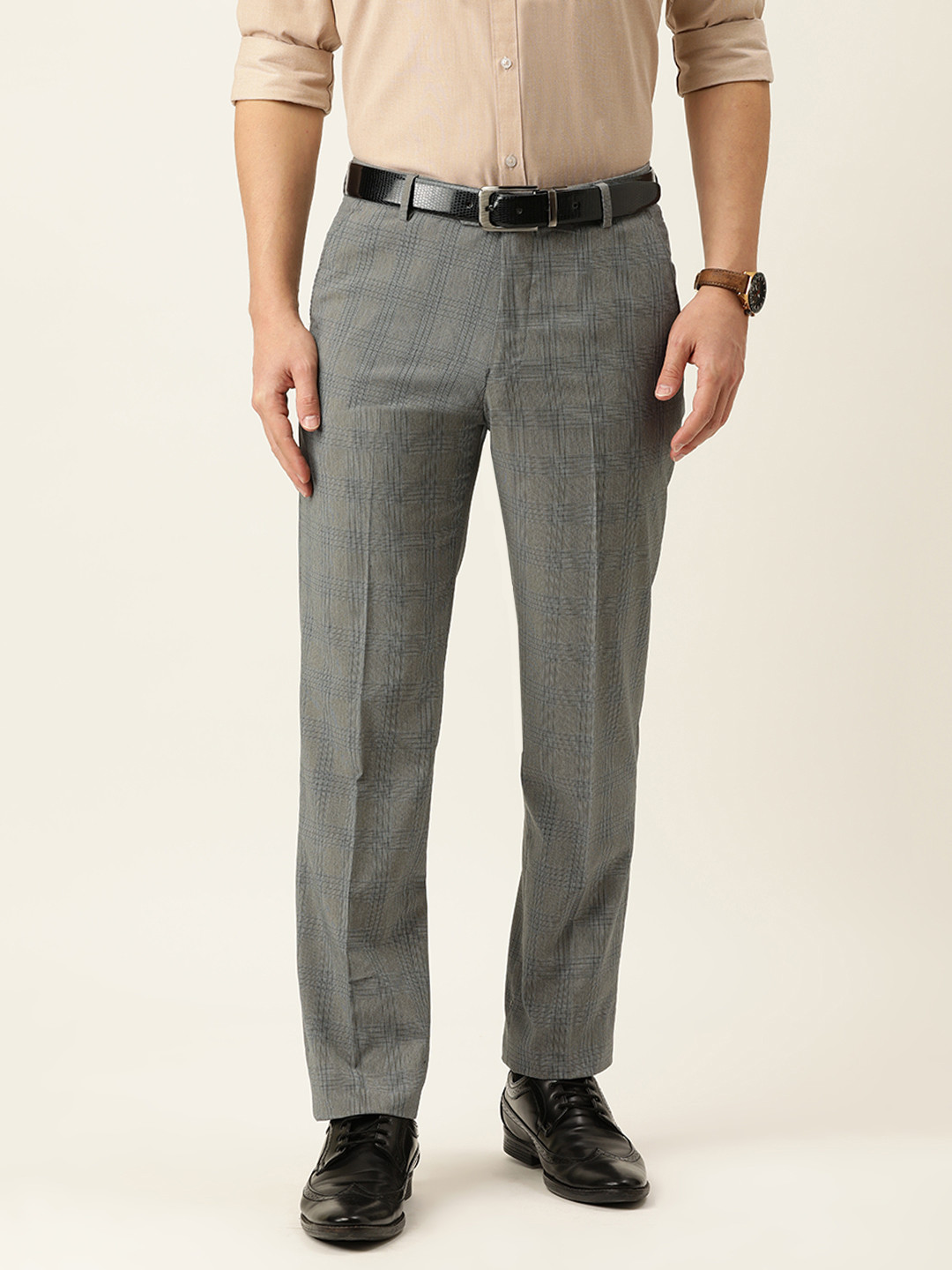 Peter England Men Grey Checked Slim Fit Mid Rise  Trousers