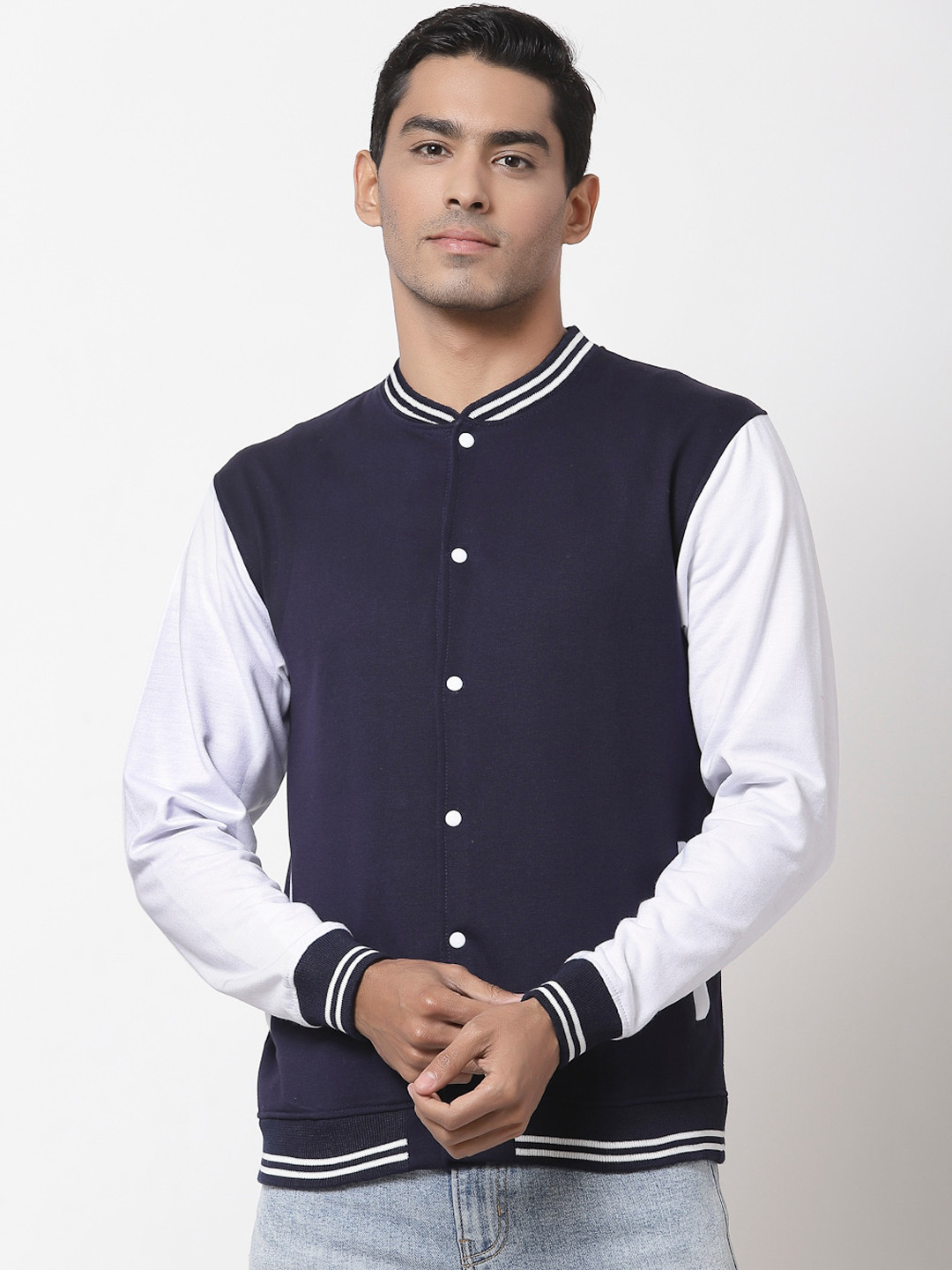 Style Quotient Men Navy Blue Colourblocked Lightweight Varsity Jacket