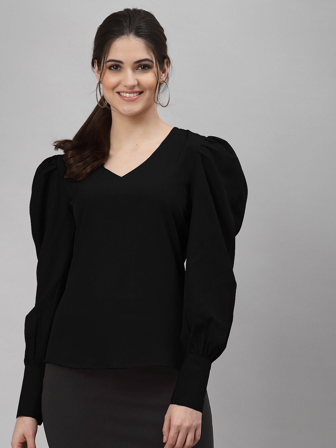 NEUDIS Black Solid Crepe Puff Sleeves Top