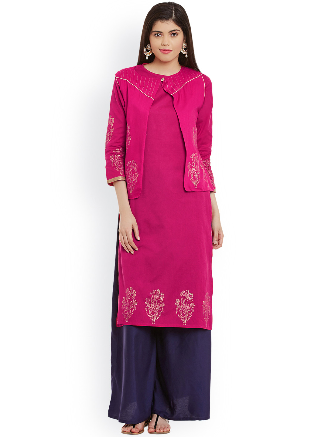 Bitterlime Women Pink Block Print Straight Kurta with Jacket