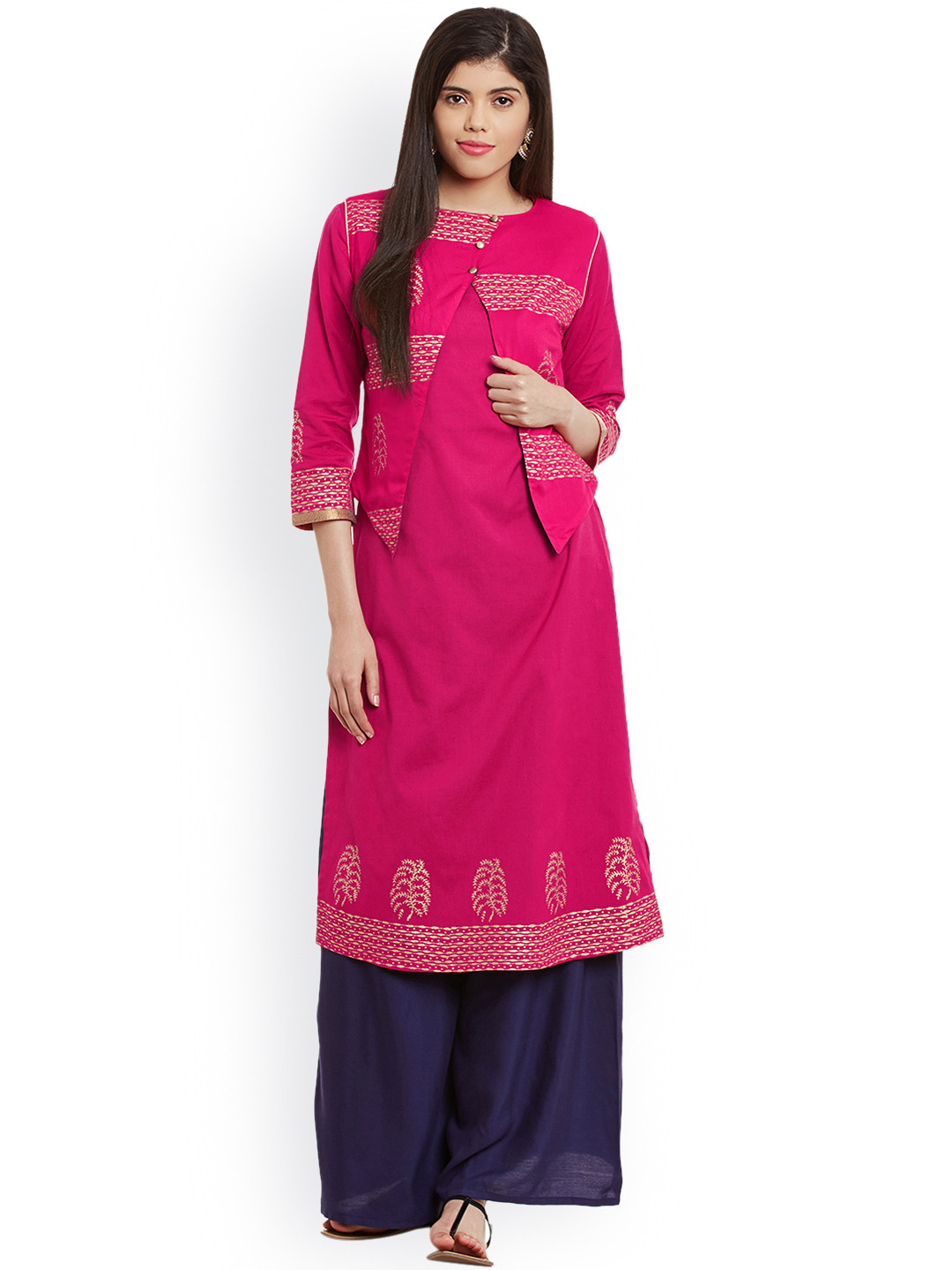 Bitterlime Women Pink Solid Straight Kurta with Jacket