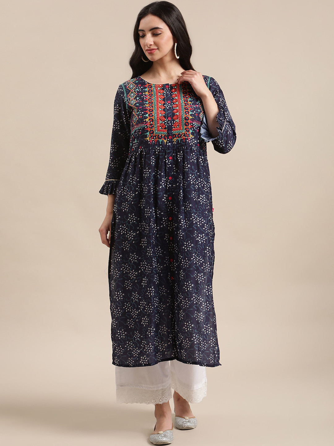 Varanga Women Blue Ethnic Motifs Embroidered Bell Sleeves Mirror Work Batik Kurta
