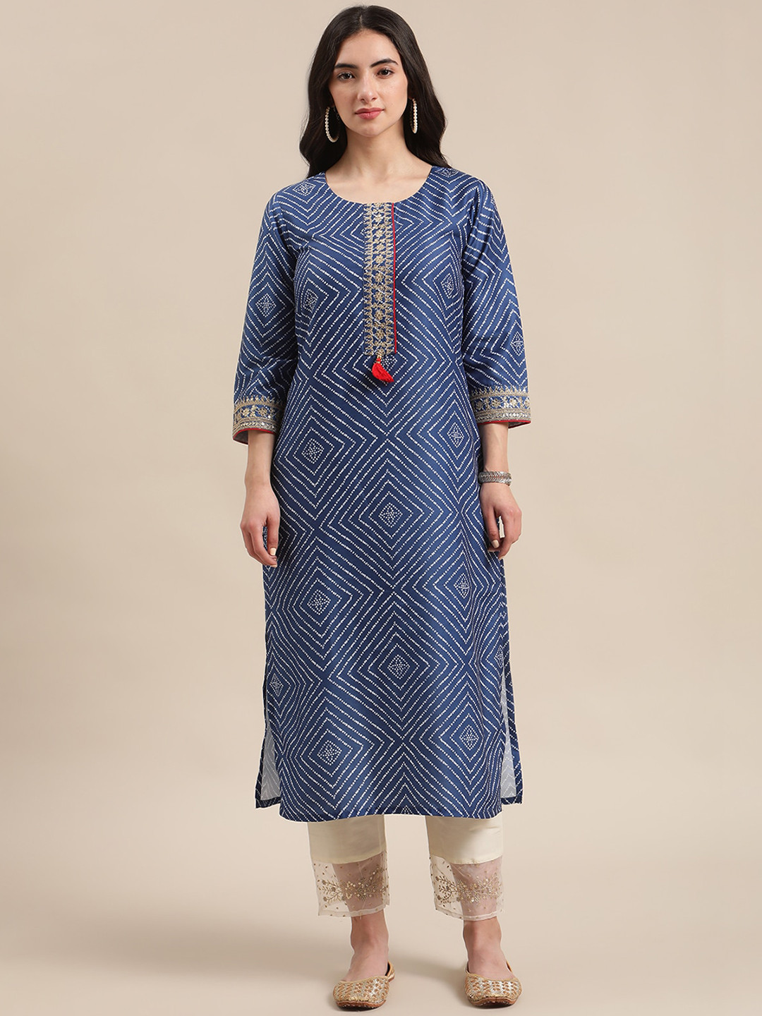 Varanga Women Blue & White Geometric Printed Kurta