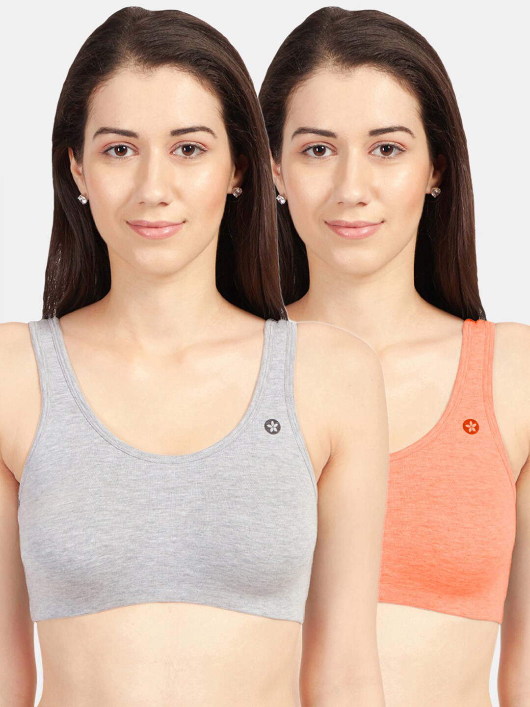Sonari Grey & Peach-Coloured Set Of 2 Non Padded Non Wired Full Coverage Cami Bra