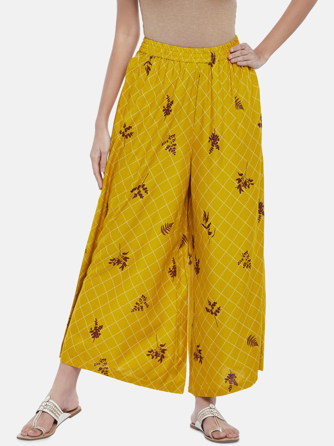 RANGMANCH BY PANTALOONS Women Mustard Yellow & Brown Floral Printed Ethnic Palazzos