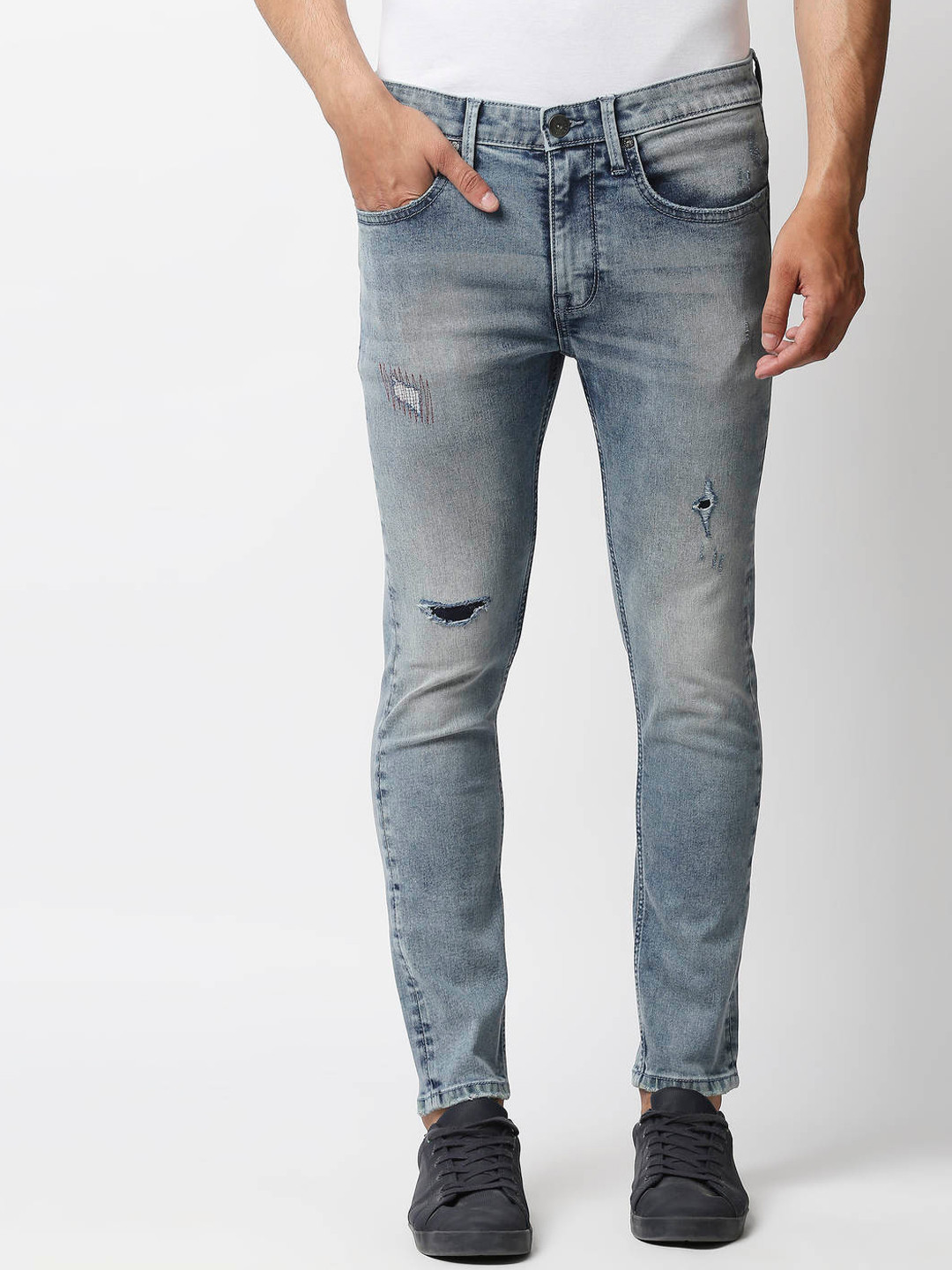 Pepe Jeans Men Blue Skinny Fit Low Distress Heavy Fade Stretchable Jeans