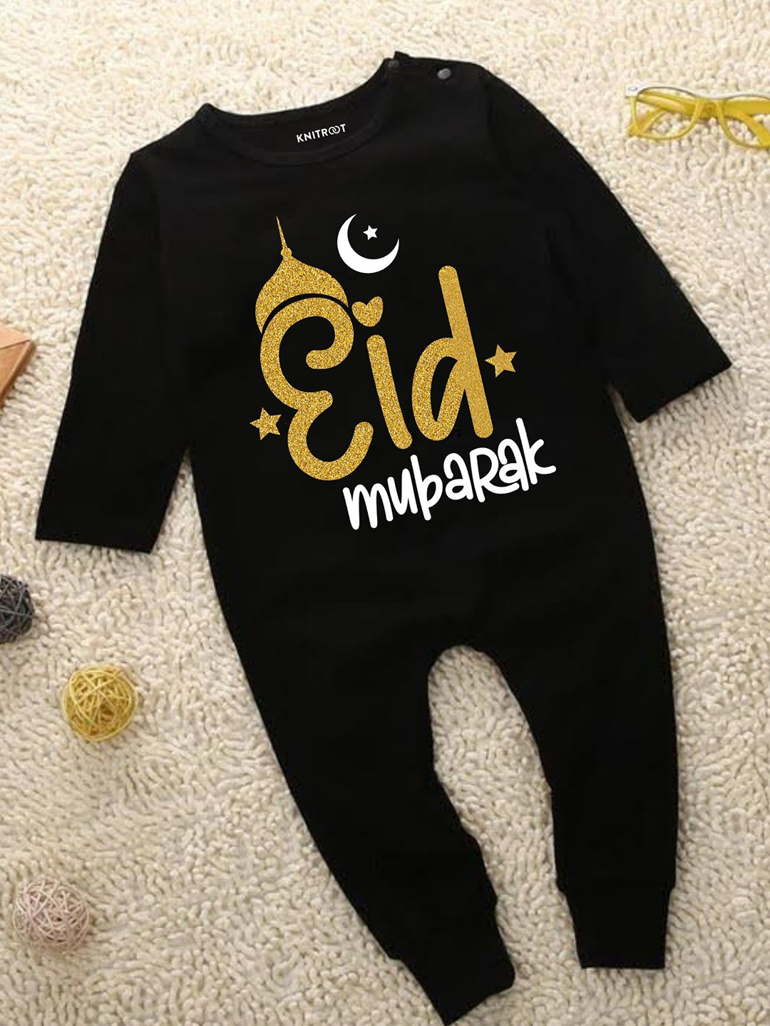 Knitroot Infant Kids Black Eid Mubarak Printed Jumpsuit