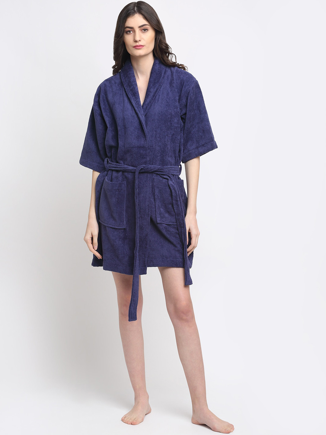 Creeva 380 GSM, Luxury Navy Blue Solid Cotton Drawstring Mini Bath Robe-S