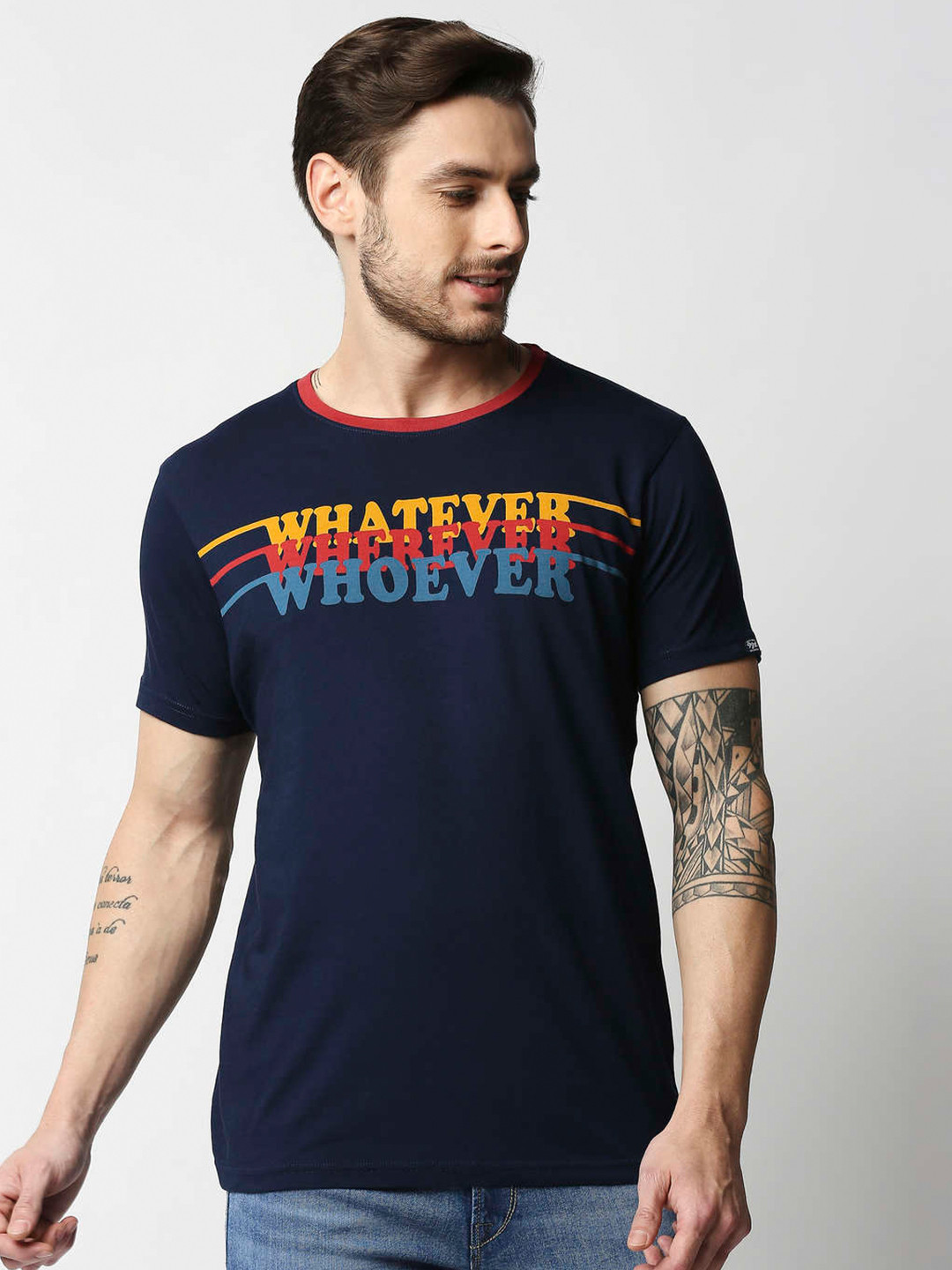 Pepe Jeans Men Blue & Orange Typography Printed Slim Fit Cotton T-shirt