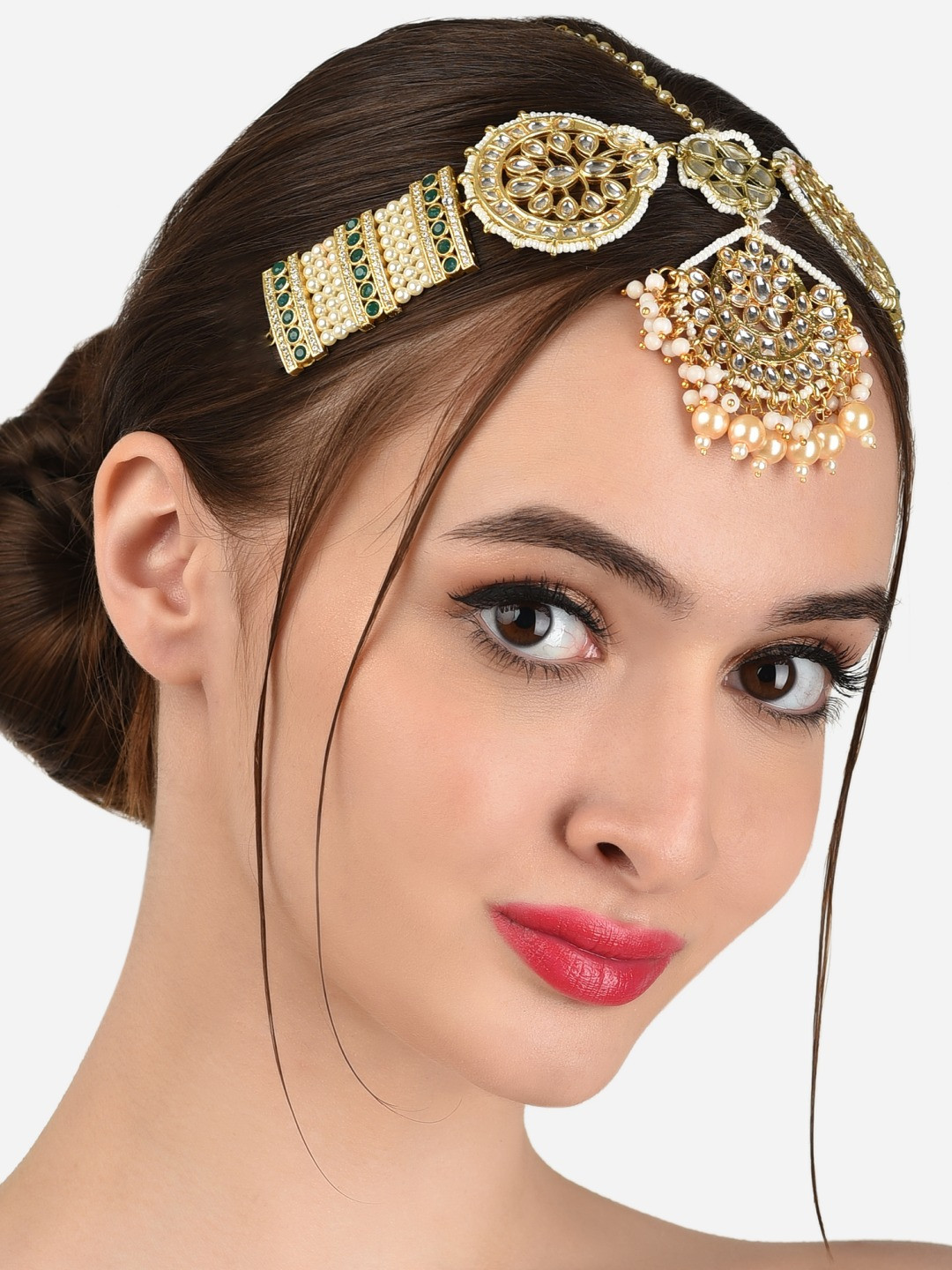 Gold-Plated White Kundan studded & Pearl Beaded Mathapatti