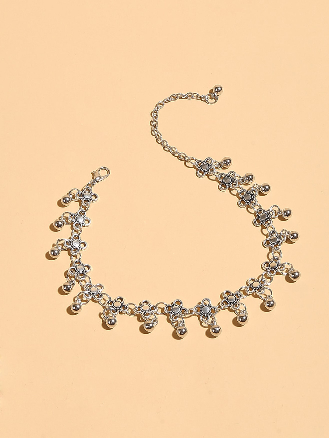 OOMPH Oxidised Silver-Toned Ghungaroo Beaded Anklets