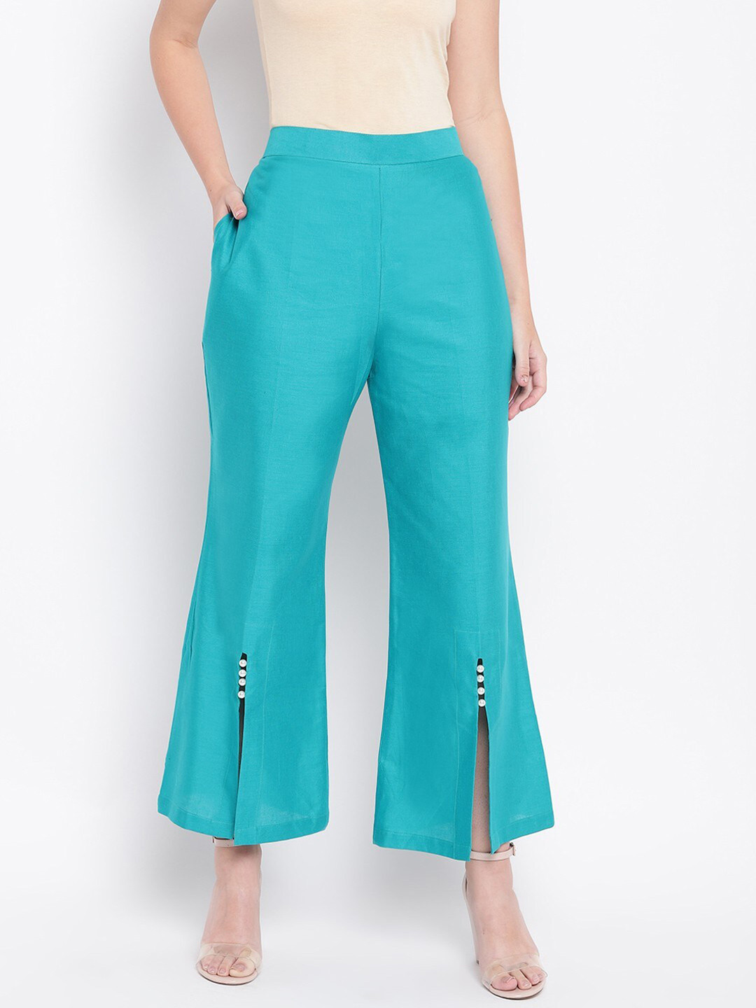 RIVI Women Turquoise Blue Solid Wide Leg Palazzo