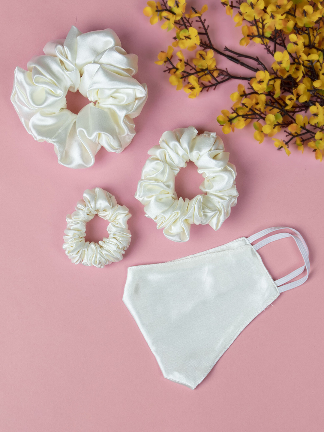 Arendelle Women Off-White Set of 3 Satin Scrunchies with Mask