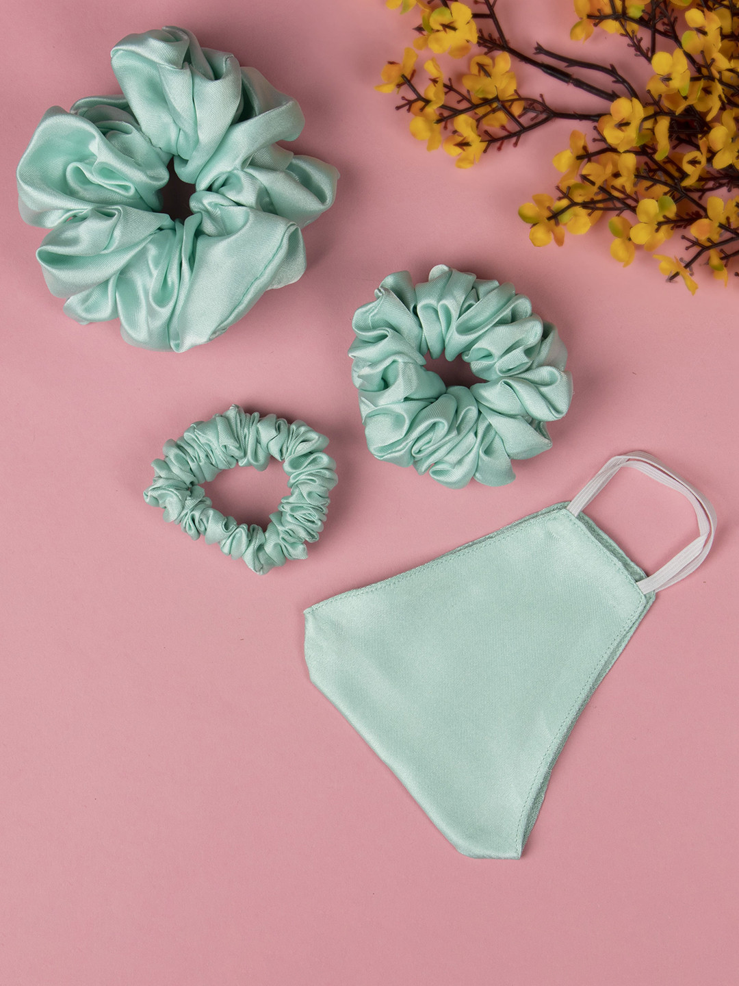 Arendelle Women Sea Green Set of 3 Satin Scrunchies With Matching Mask