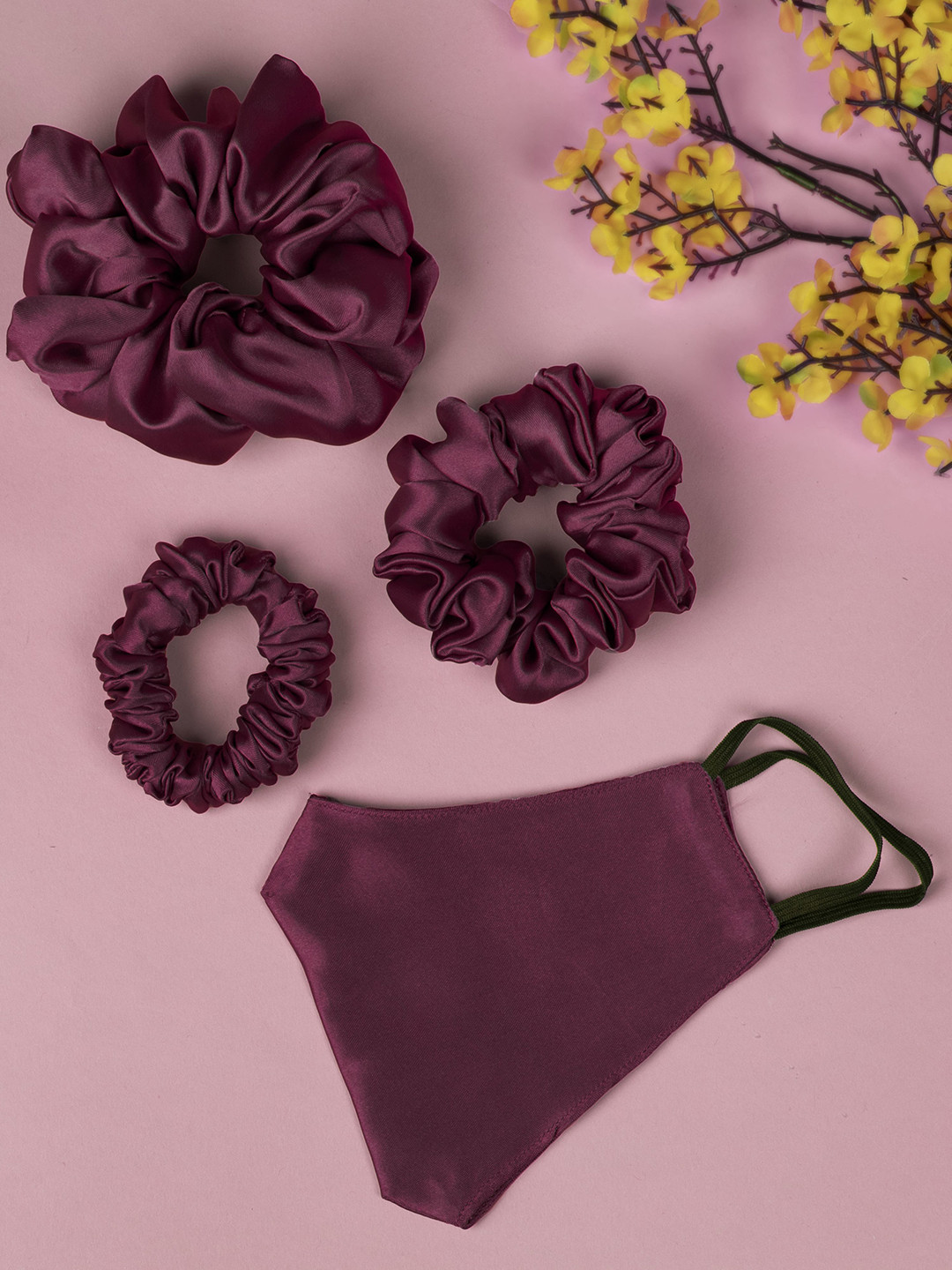 Arendelle Women Purple Set of 3 Satin Scrunchies With Matching Mask