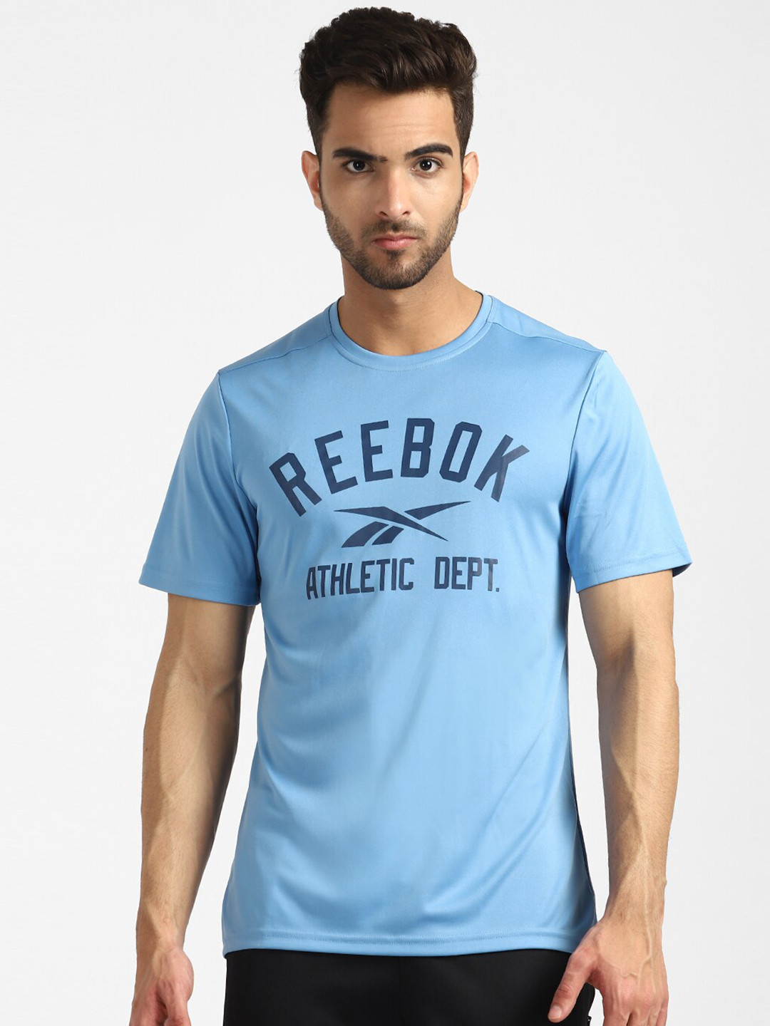 Reebok Men Blue Brand Logo Printed Slim Fit REECYCLED + SPEEDWICK Training or Gym T-shirt