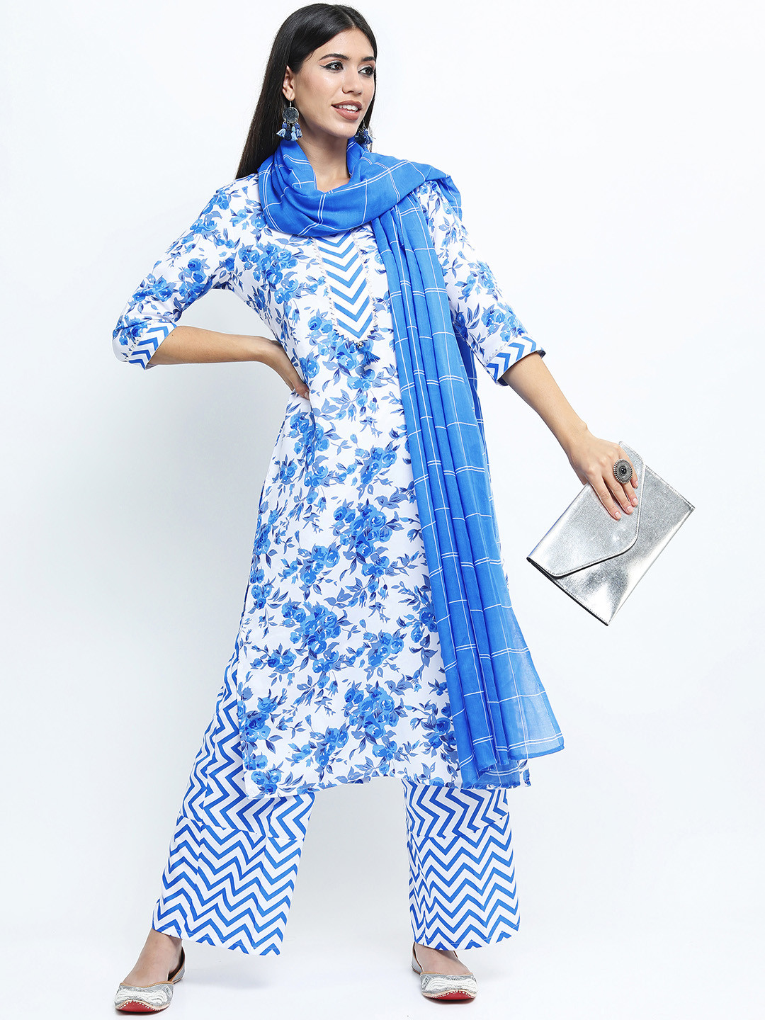 Vishudh Women Off White Printed A-line Kurti with Palazzos and dupatta