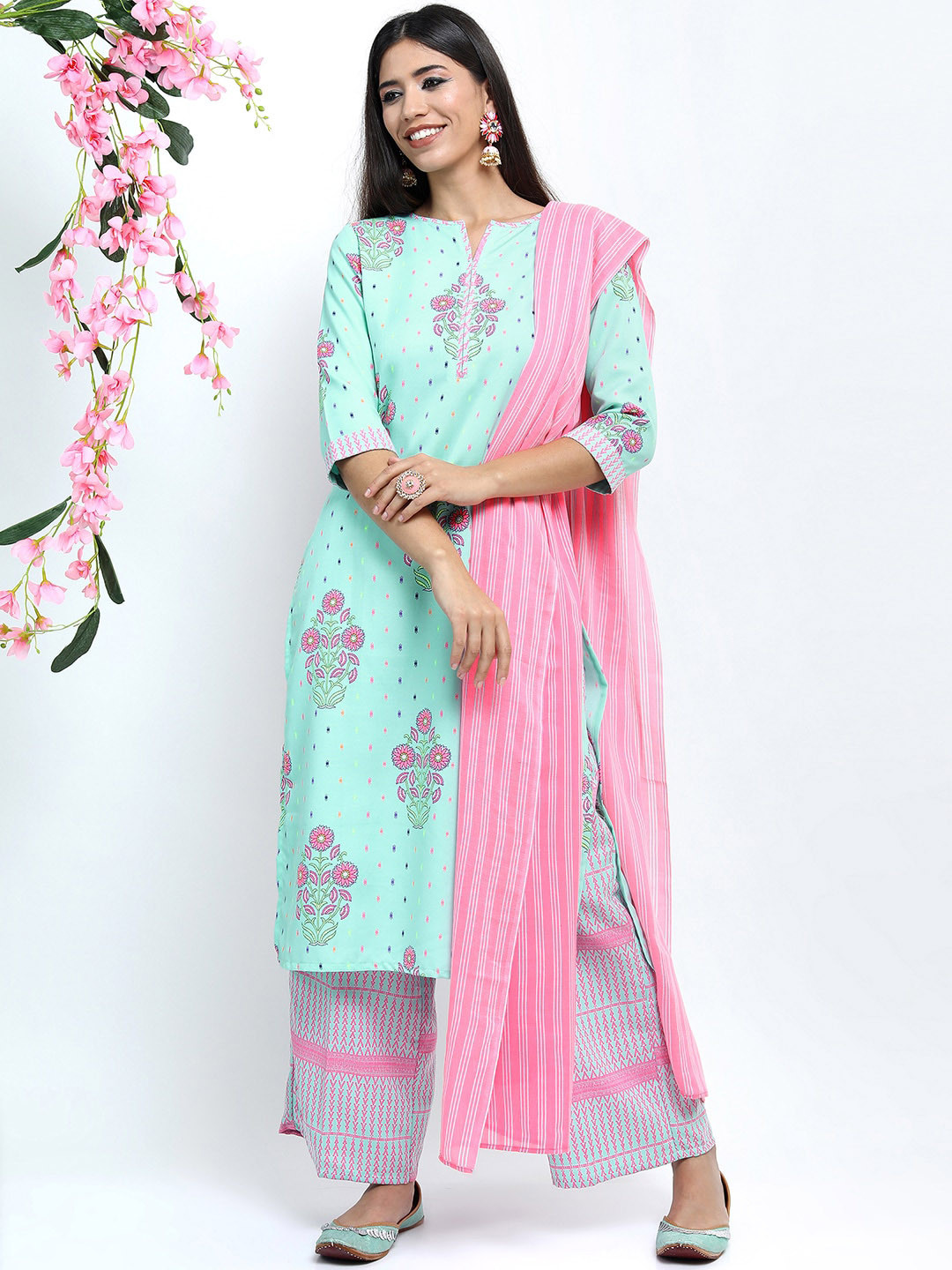 Vishudh Women Turquoise Blue & Pink Ethnic Motifs Kurta with Palazzos & With Dupatta