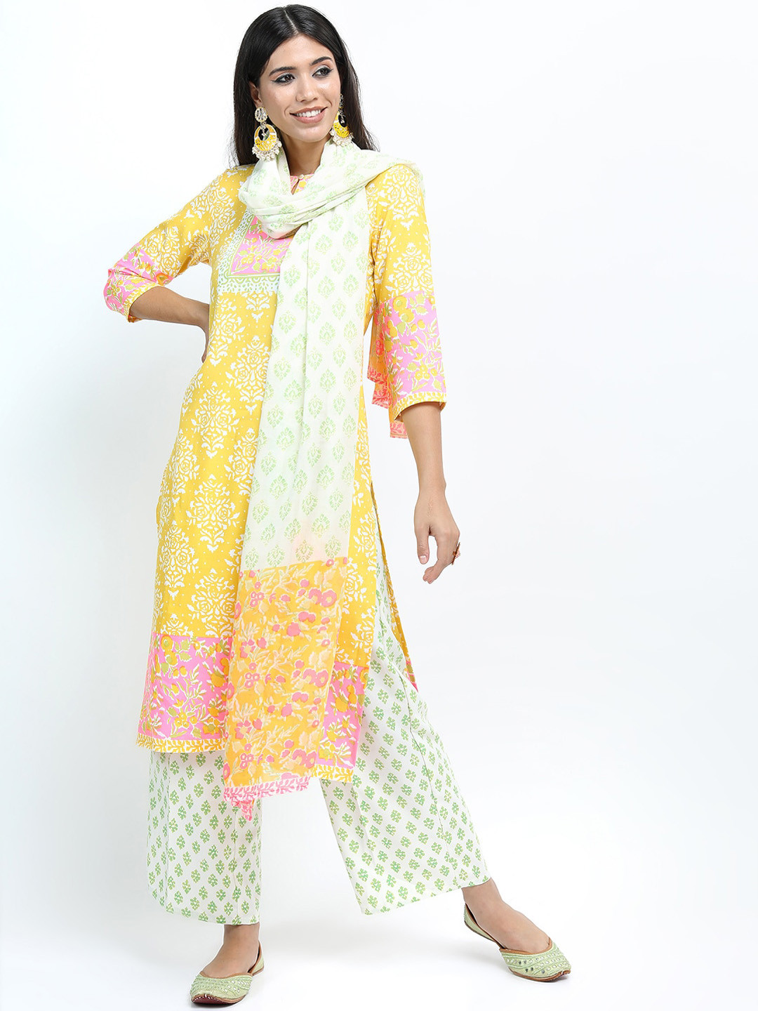 Vishudh Women Yellow Floral Printed Straight Kurti with Trousers & Dupatta