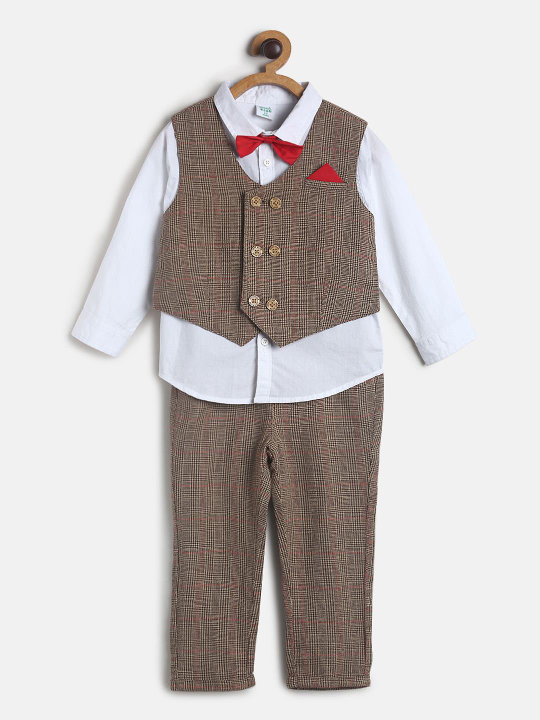 MINI KLUB Boys Brown & White Checked Pure Cotton Shirt with Trousers With Waist Coat