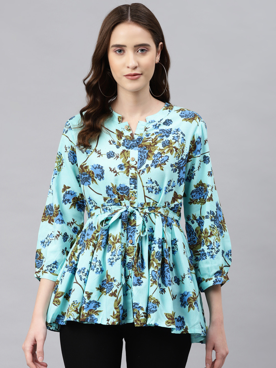 aayusika Blue & Olive Green Floral Print Top