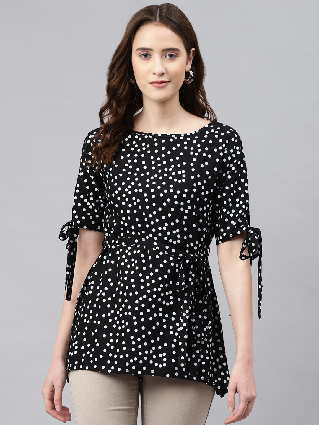 aayusika Black & White Polka Dot Print Top
