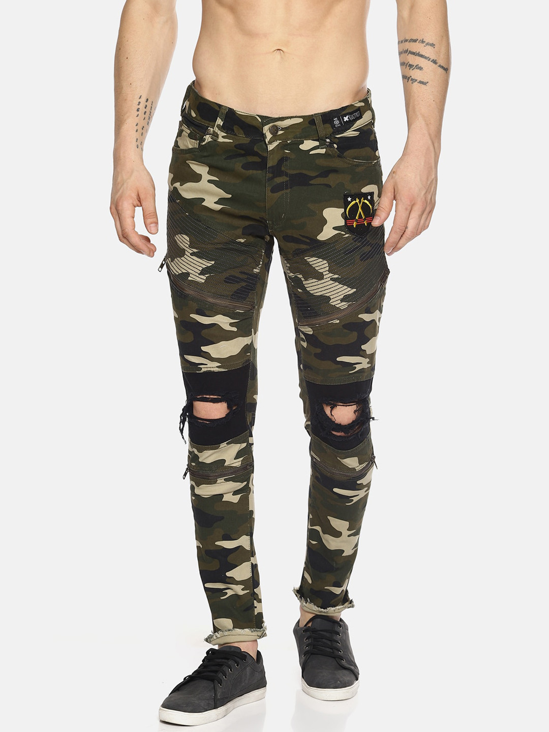KULTPRIT Men Olive Green & Beige Camouflage Printed Slash Knee Slim Fit Trousers