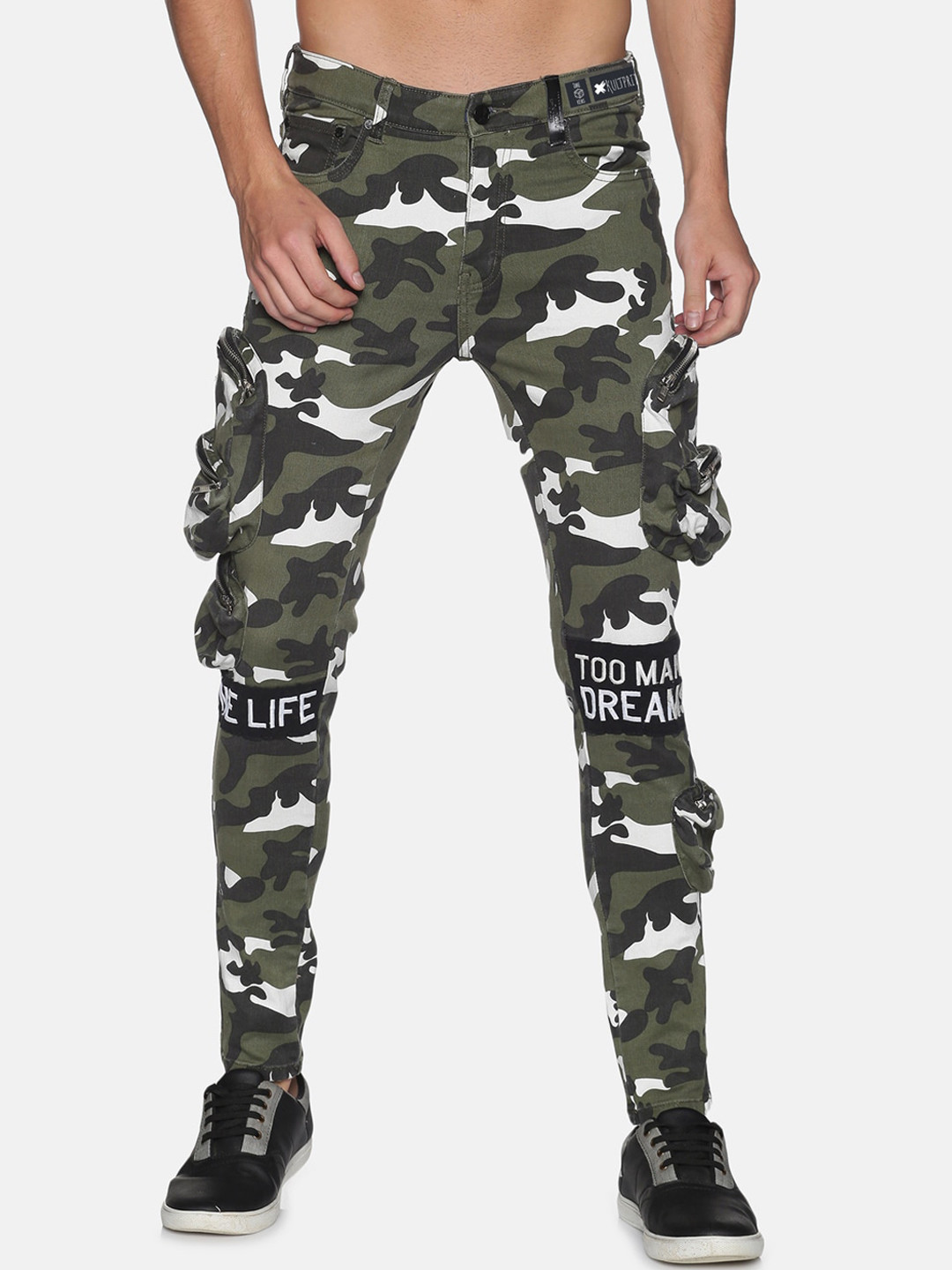KULTPRIT Men Olive Green & White Camouflage Printed Slim Fit Cotton Cargos Trousers