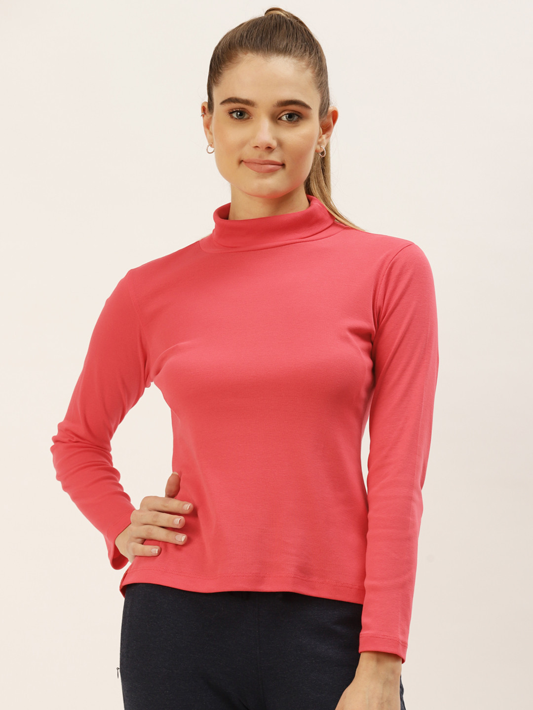 FEMEA Coral Solid Cotton Turtle Neck Top