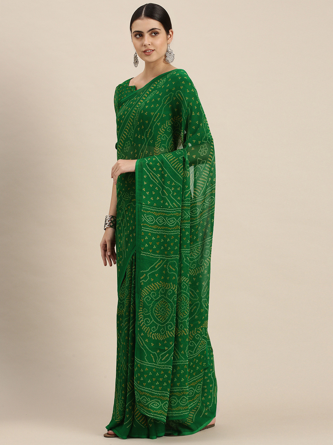 Satrani Green & Yellow Bandhani Pure Chiffon Saree