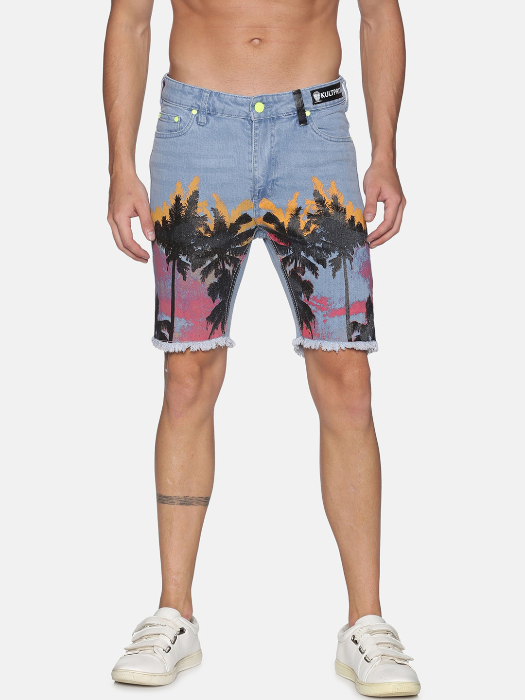 KULTPRIT Men Blue & Pink Graphic Printed Regular Fit Denim Shorts