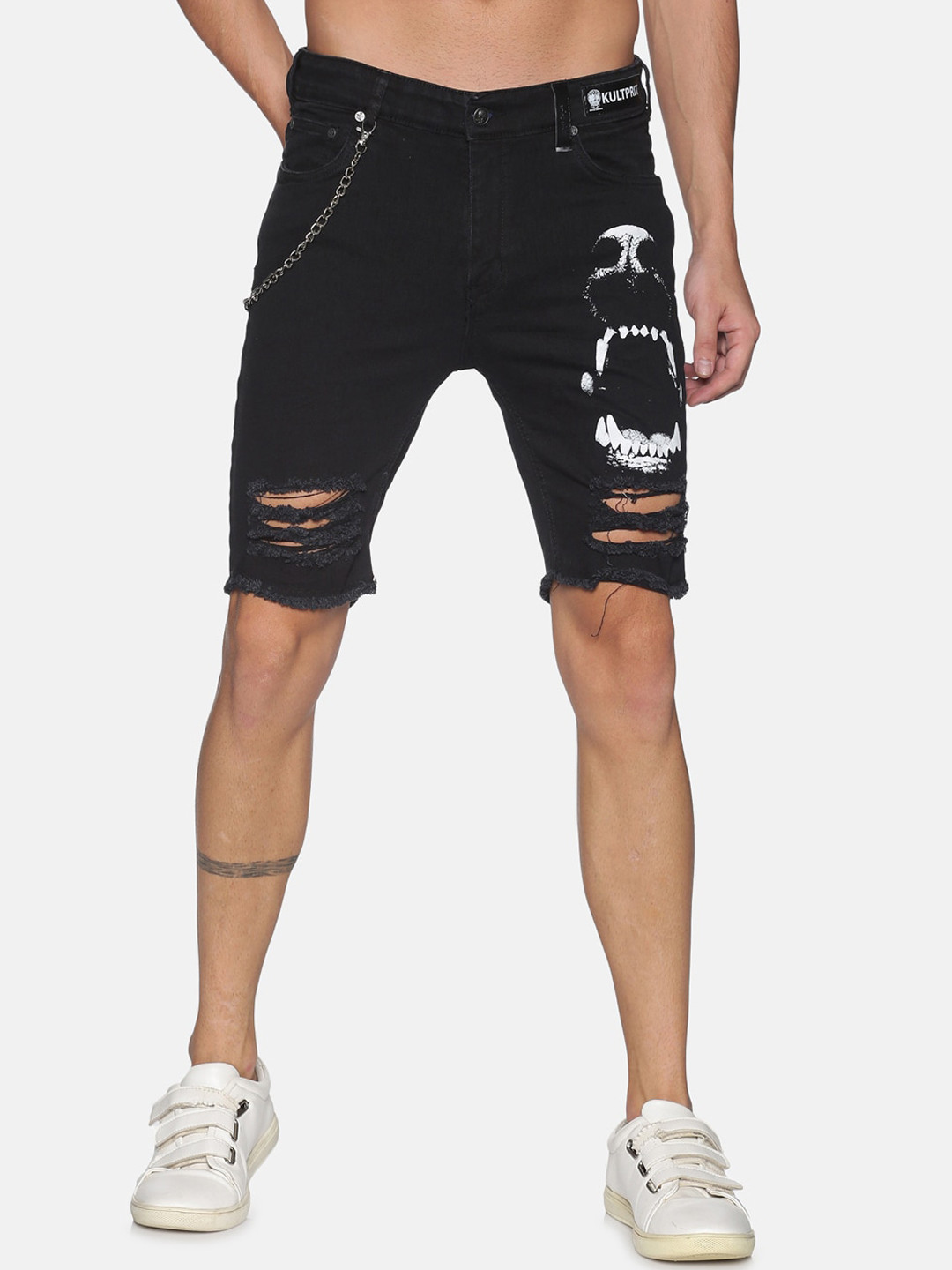 KULTPRIT Men Black Slim Fit Printed Denim Shorts