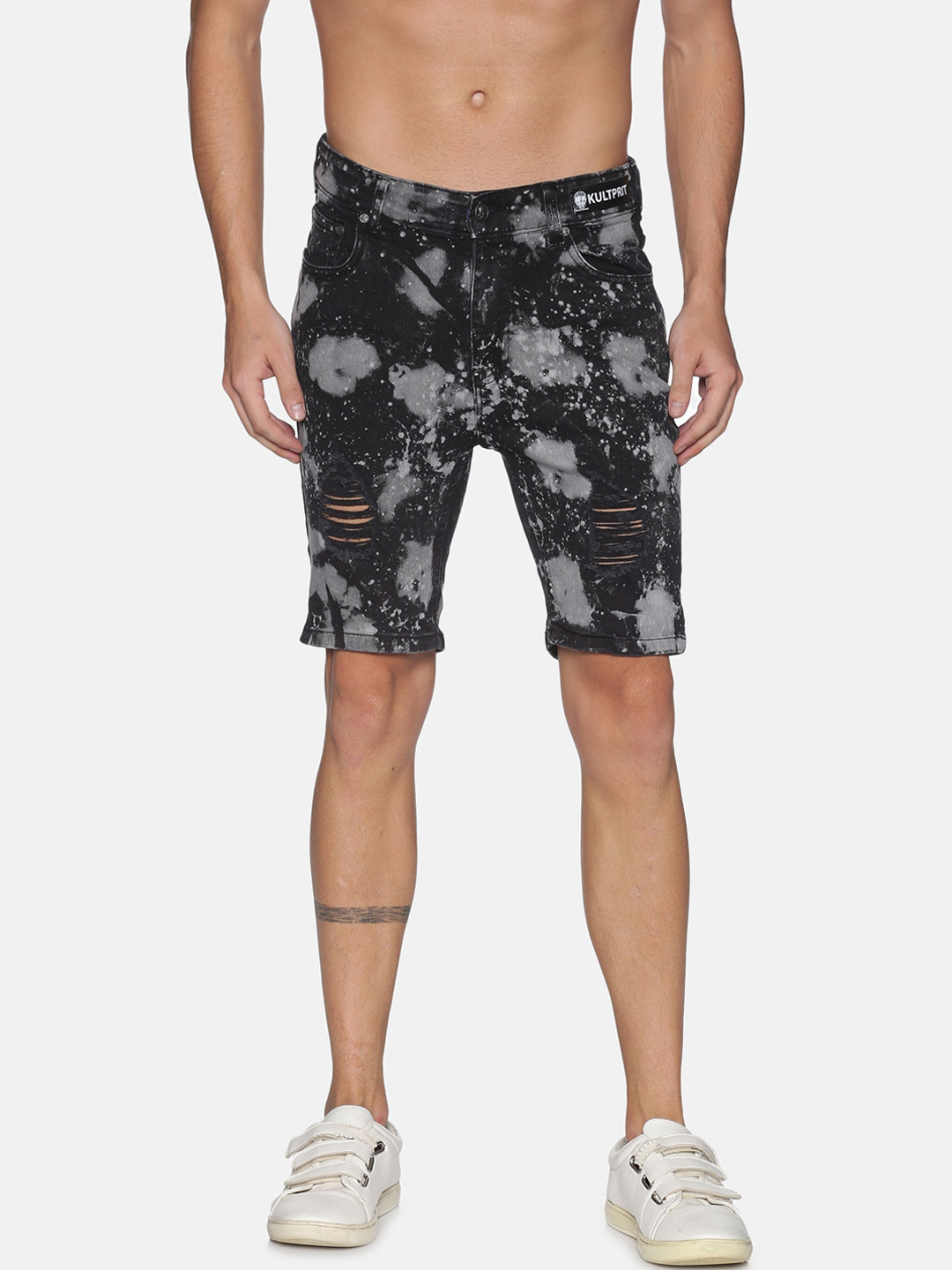 KULTPRIT Men Black & Grey Abstract Printed Distressed Cotton Slim Fit Shorts