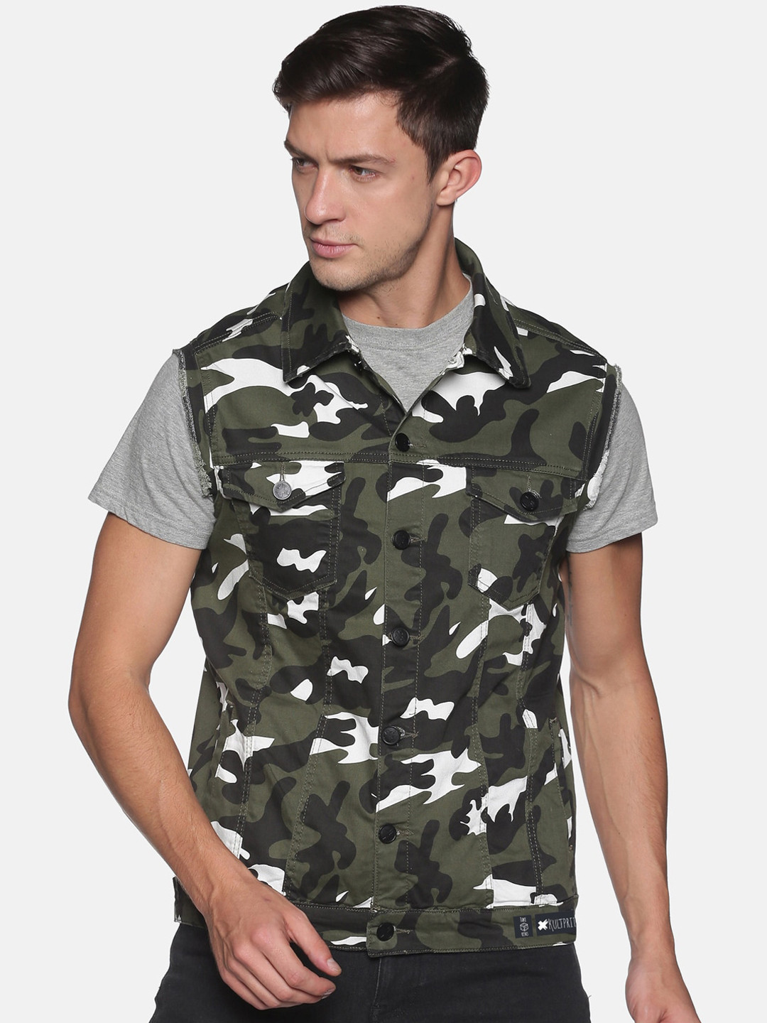 KULTPRIT Men Olive Green White Camouflage Cotton Tailored Jacket