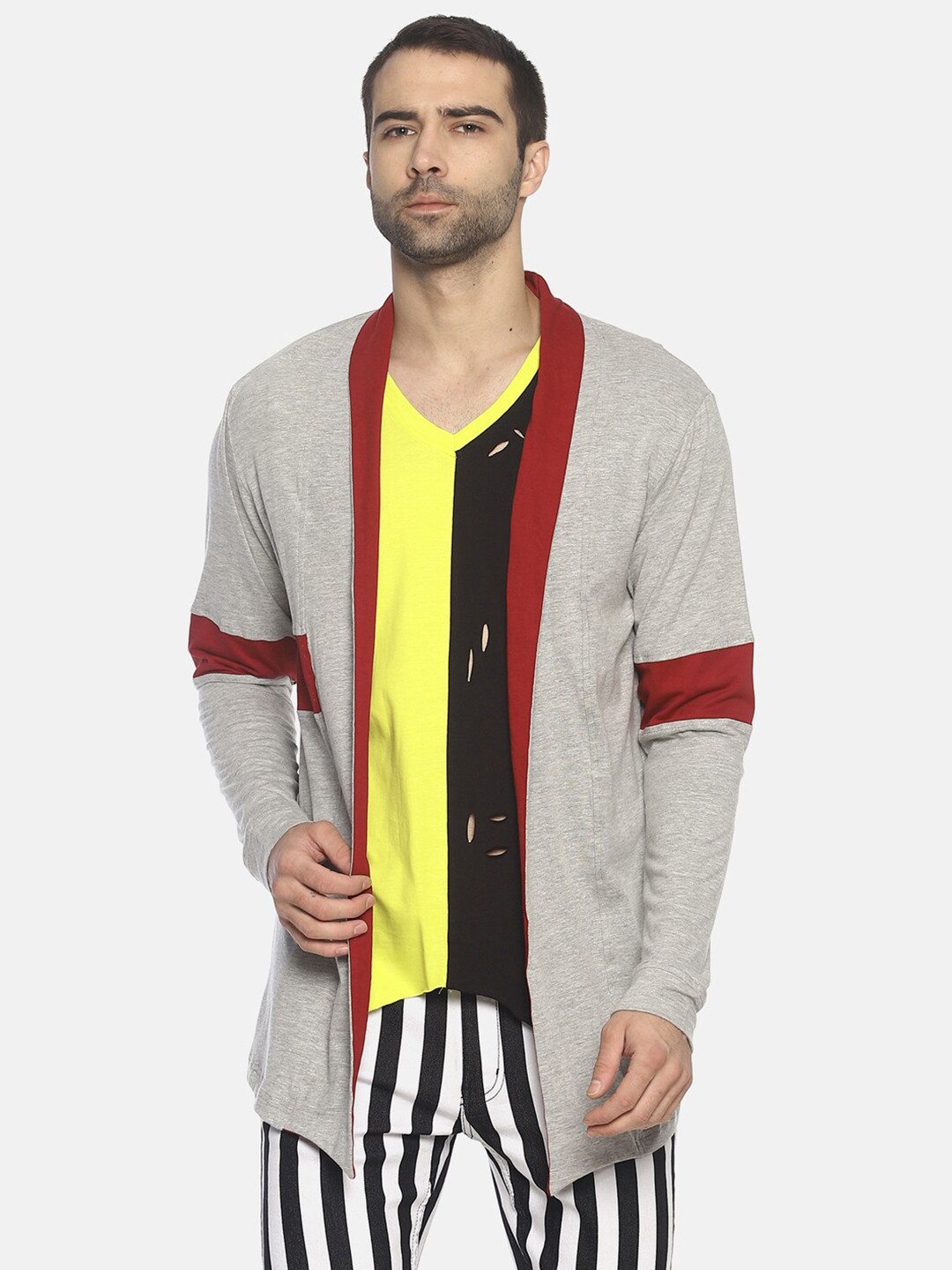 KULTPRIT Men Grey Melange & Red Longline Shrug