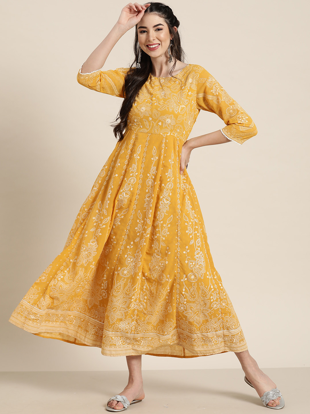Juniper Women Mustard Yellow Ethnic Motifs Printed Georgette Anarkali Dress