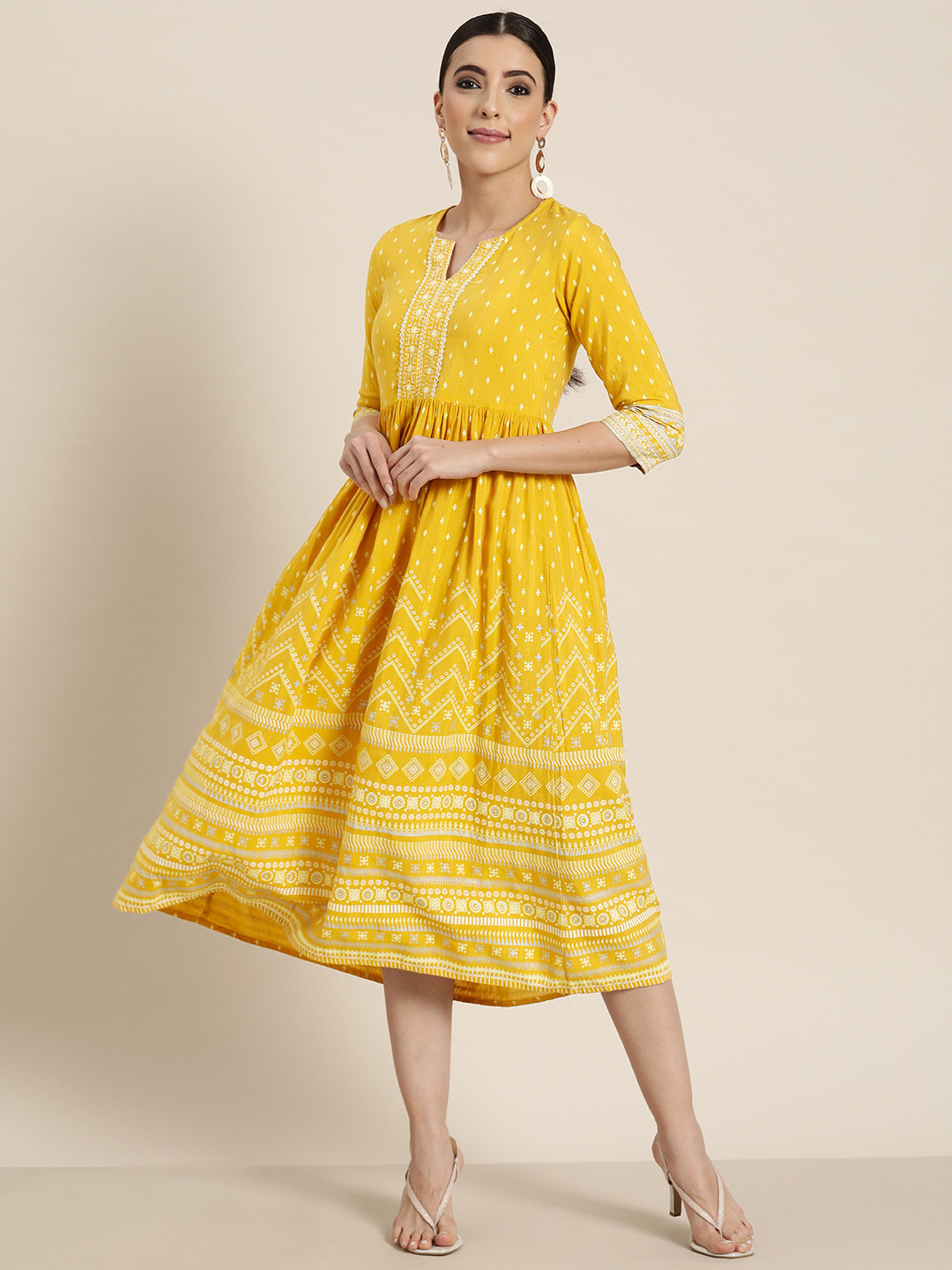 Juniper Women Mustard Yellow Ethnic Motifs Printed Embriodered Fit & Flare Dress