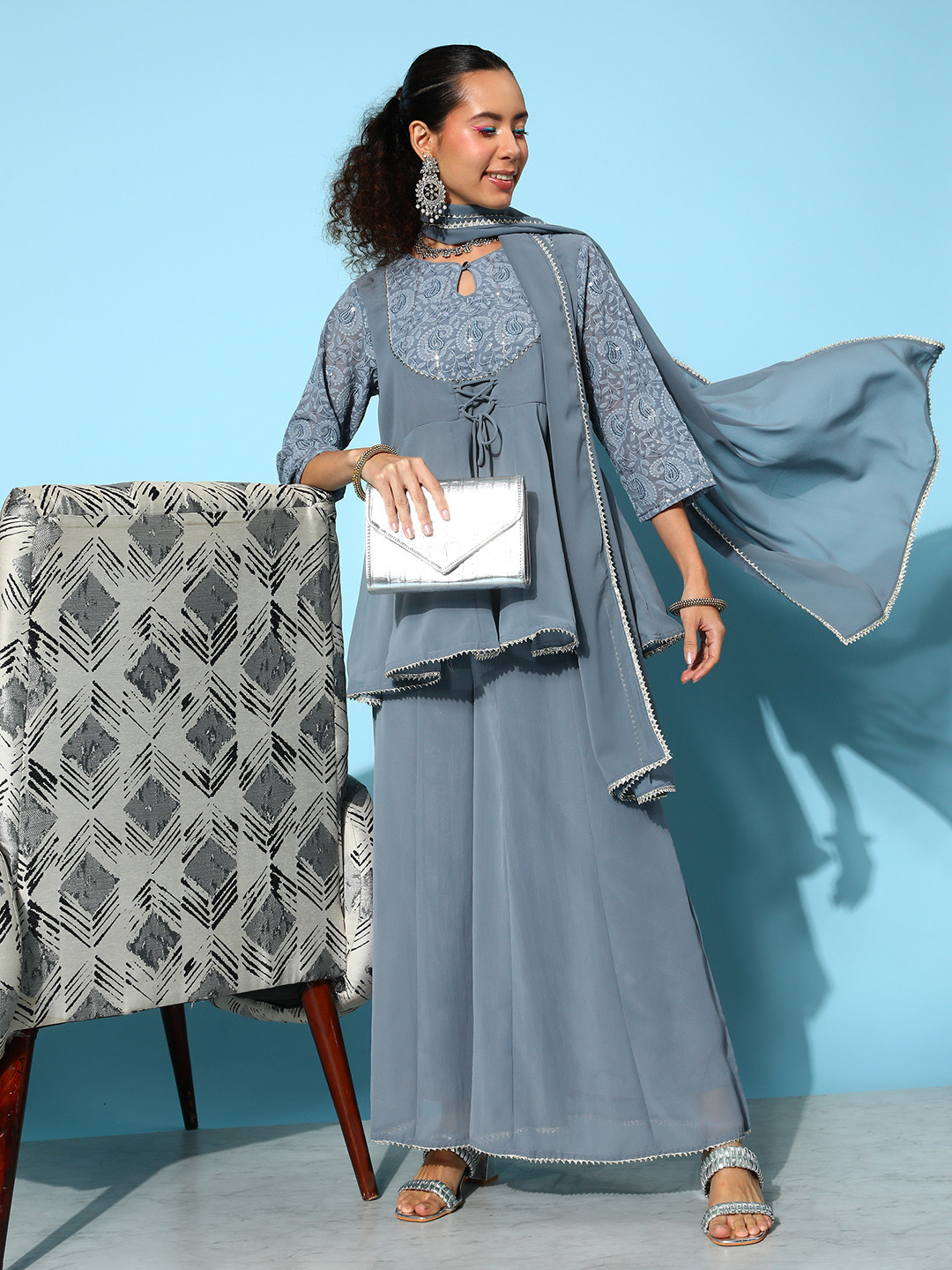 Juniper Women Grey Ethnic Motifs Embroidered Sequinned A-Line Tunic Palazzo Dupatta Set