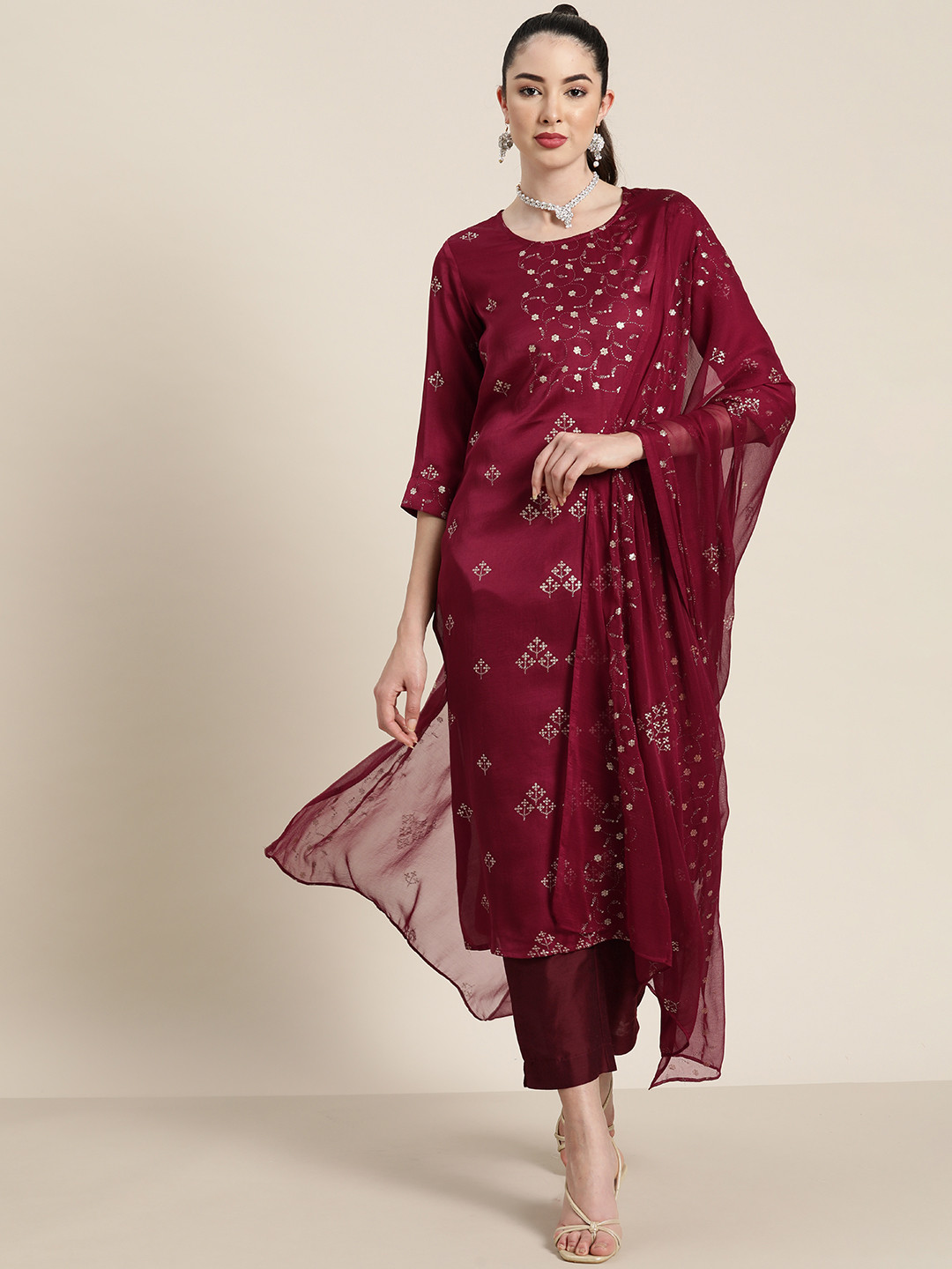 Juniper Women Maroon & Gold Ethnic Motifs Printed Sequinned Kurta With Trousers & Dupatta