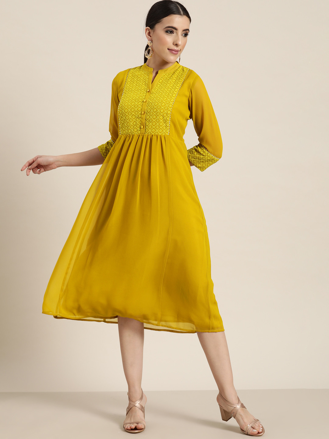 Juniper Women Mustard Yellow Ethnic Motifs Embroidered Georgette A-Line Midi Dress
