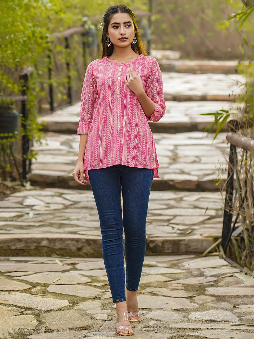 Juniper Women Pink Striped Georgette Printed High-Low Tunic