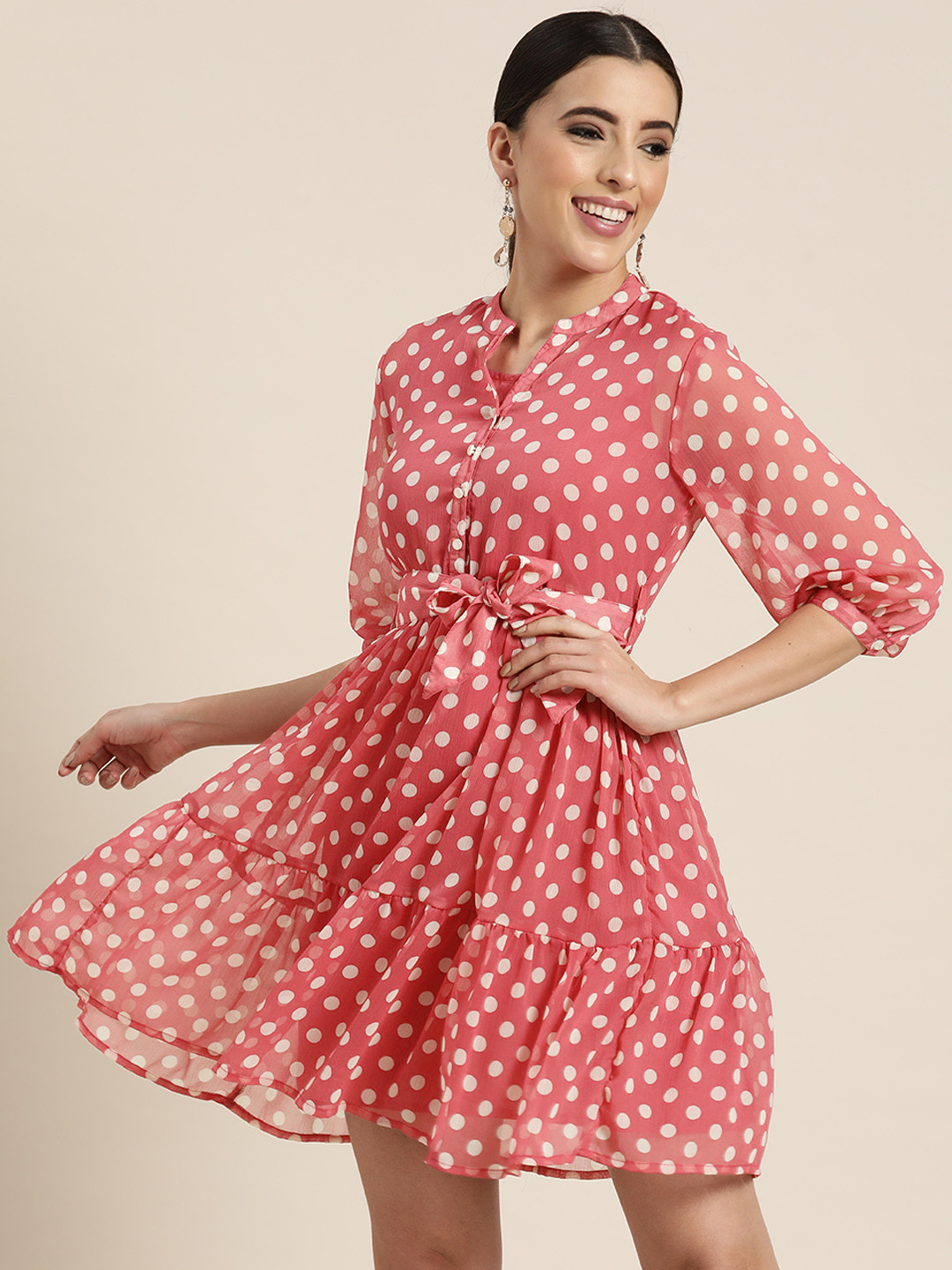 Juniper Women Rose & White Polks Dots Printed Chiffon A-Line Tiered Dress with Belt