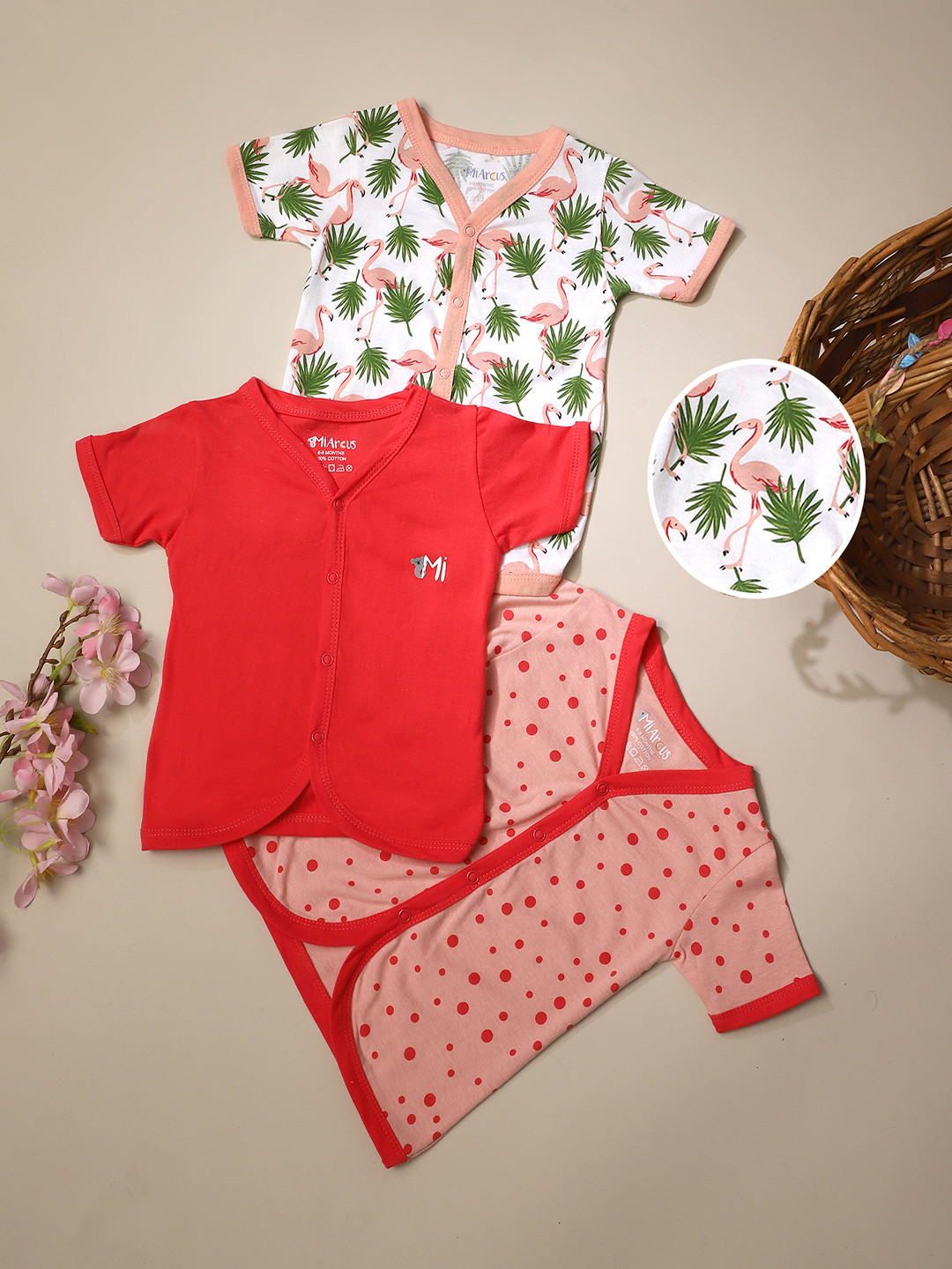 MiArcus Kids Pack Of 3 Multicoloured Flamingo Print Pure Cotton Front Open Vests