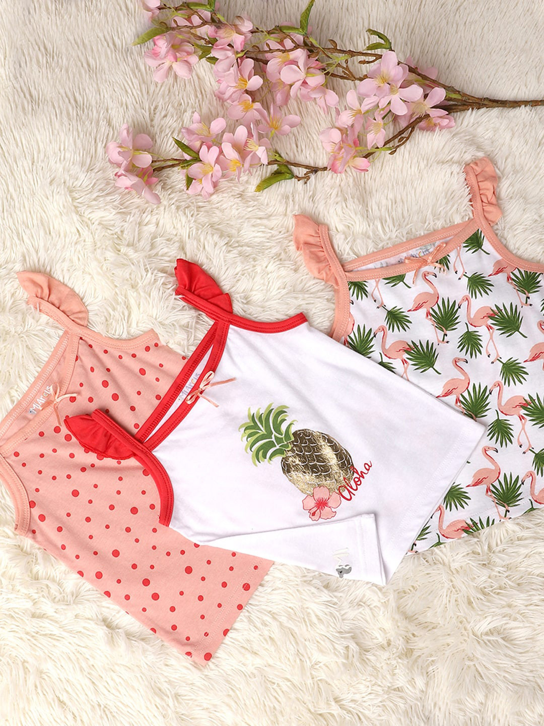 MiArcus Kids White & Pink Pack Of 3 Printed Tank Tops