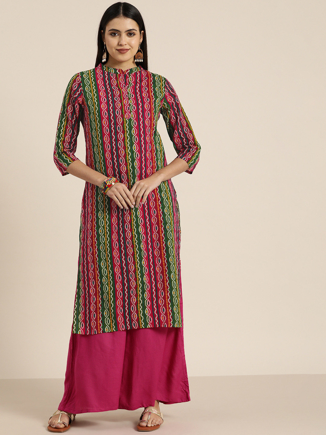 Sangria Women Pink & Green Bandhani Screen Print  Cotton Straight Kurta