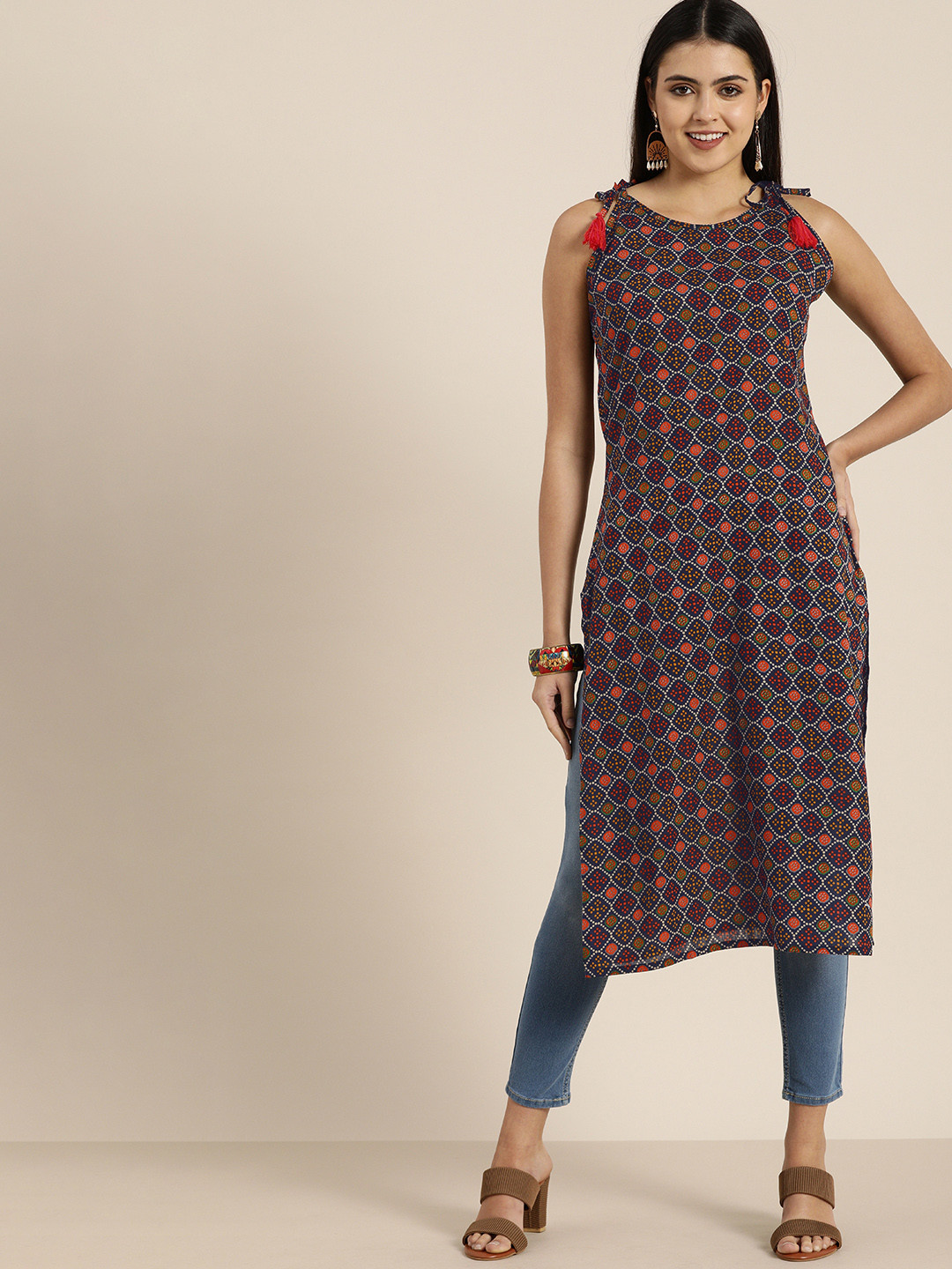 Sangria Women Teal Blue & Orange Bandhani Screen Print Pure Cotton Straight Kurta