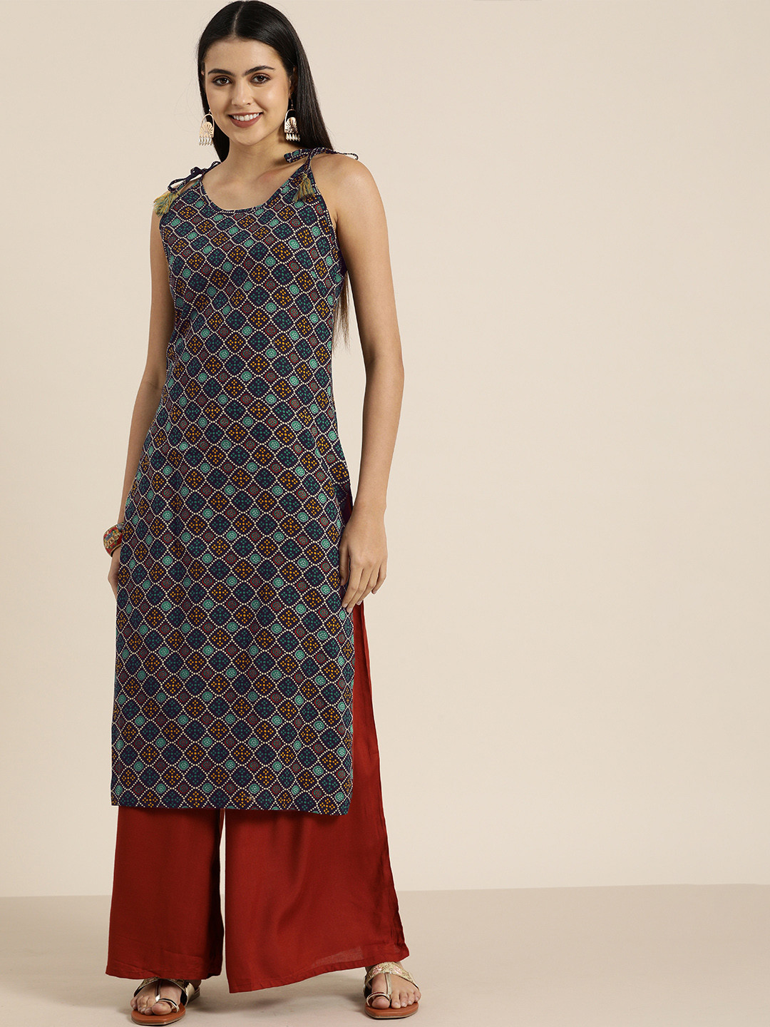 Sangria Women Teal Blue & Green Bandhani Screen Print Pure Cotton Straight Kurta